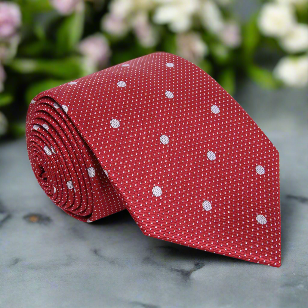 Red silk polka dot necktie with white and grey dots, ideal for formal events