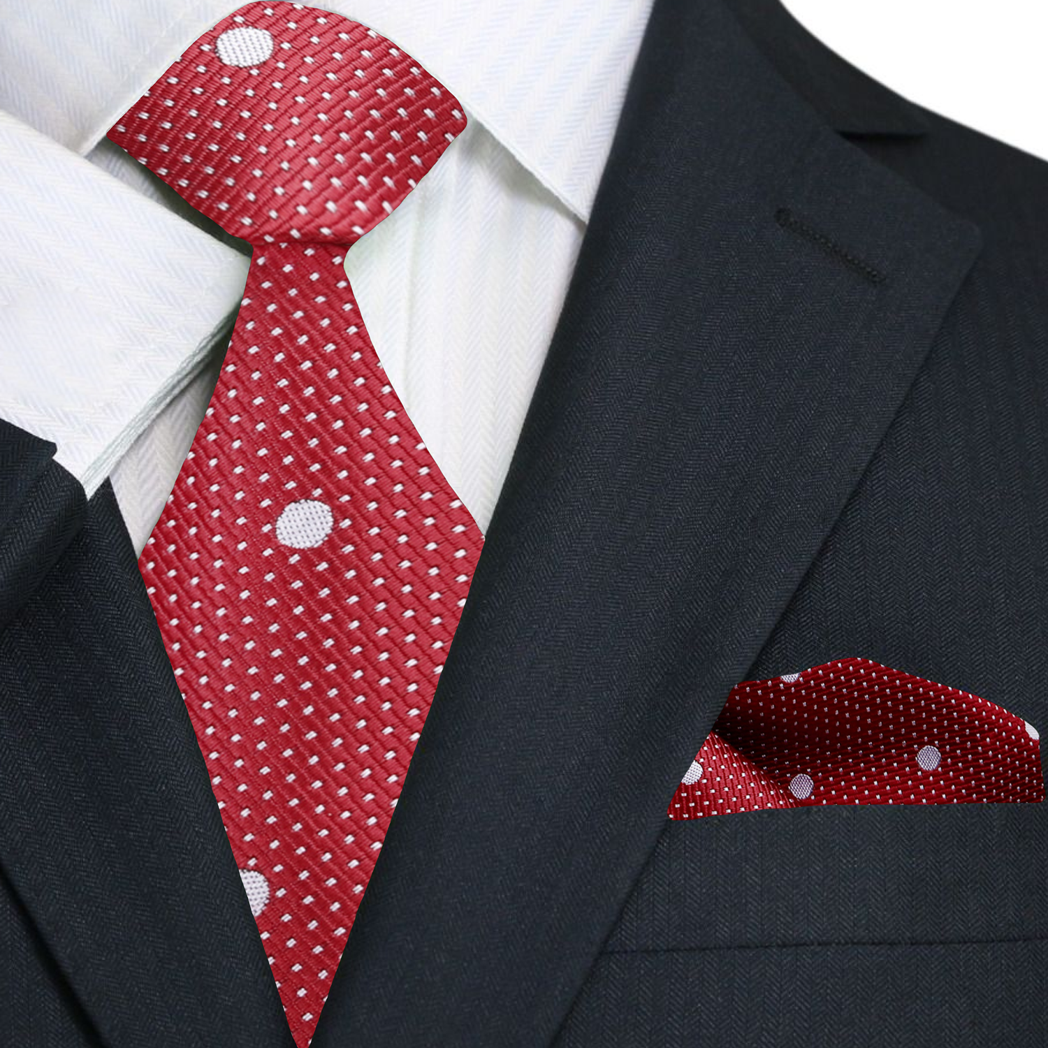Red silk polka dot necktie with white and grey dots, ideal for formal events