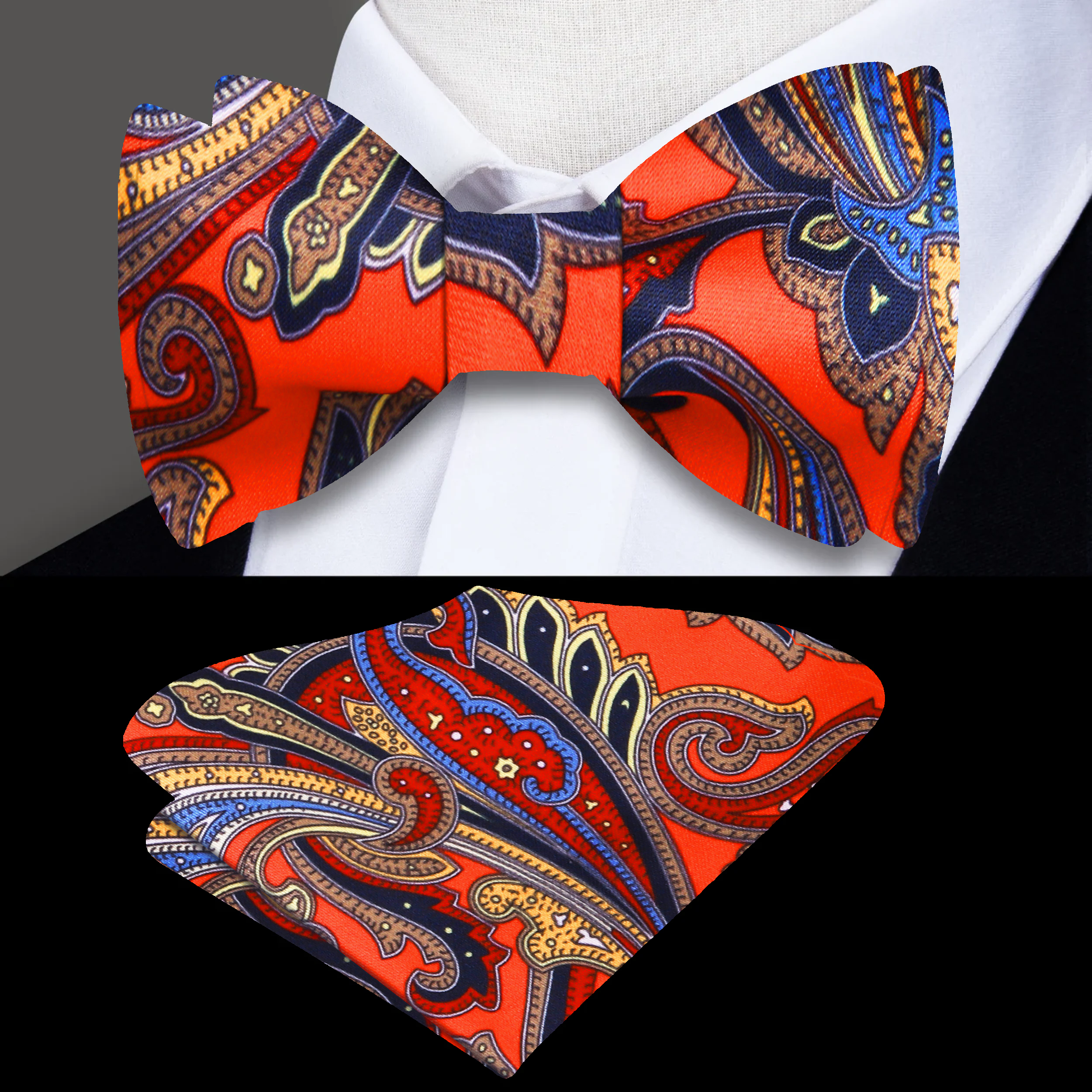 Display of the bow tie against a light blue patterned shirt, showcasing versatility