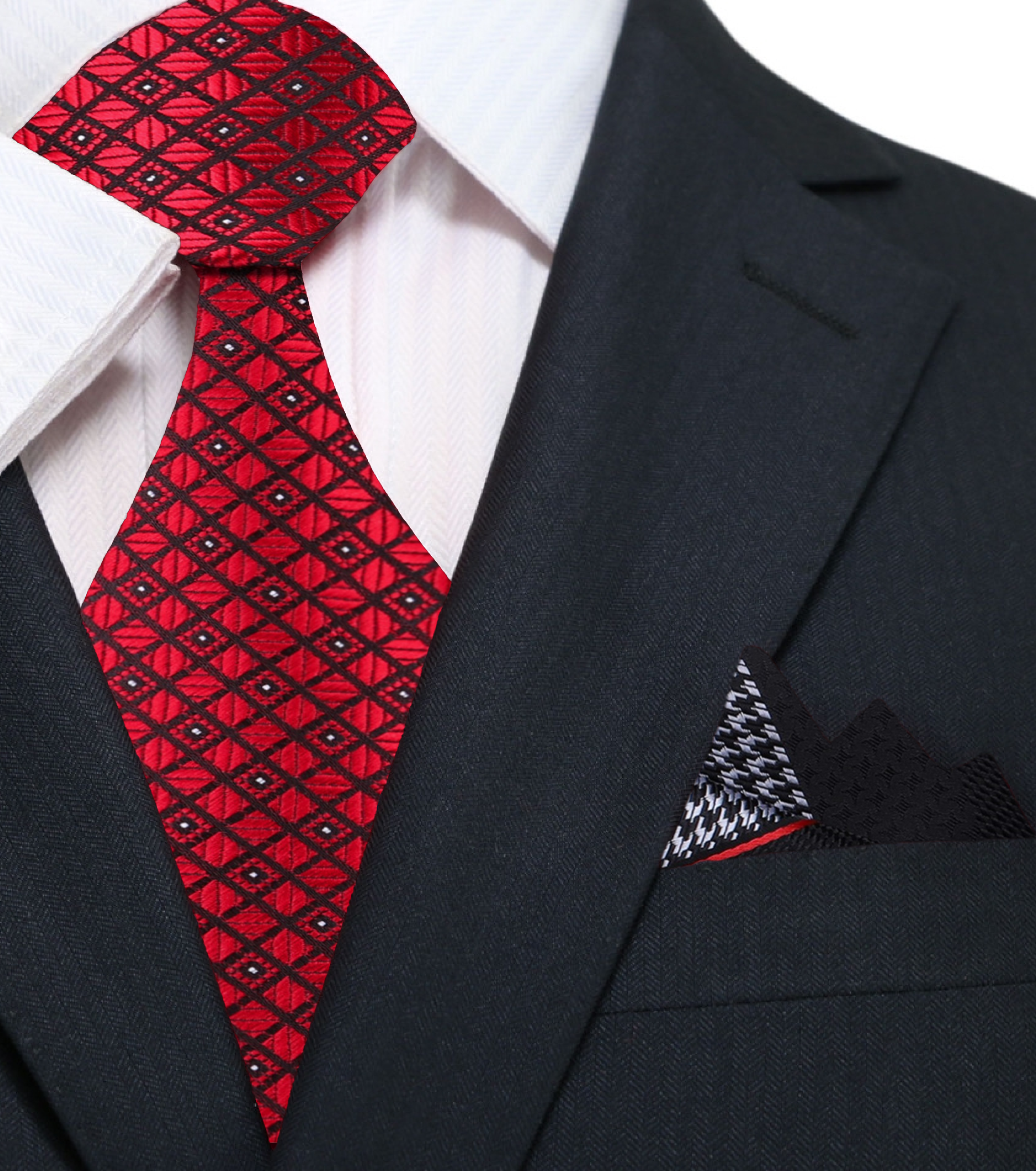 Fashionable necktie paired with a white dress shirt and navy suit