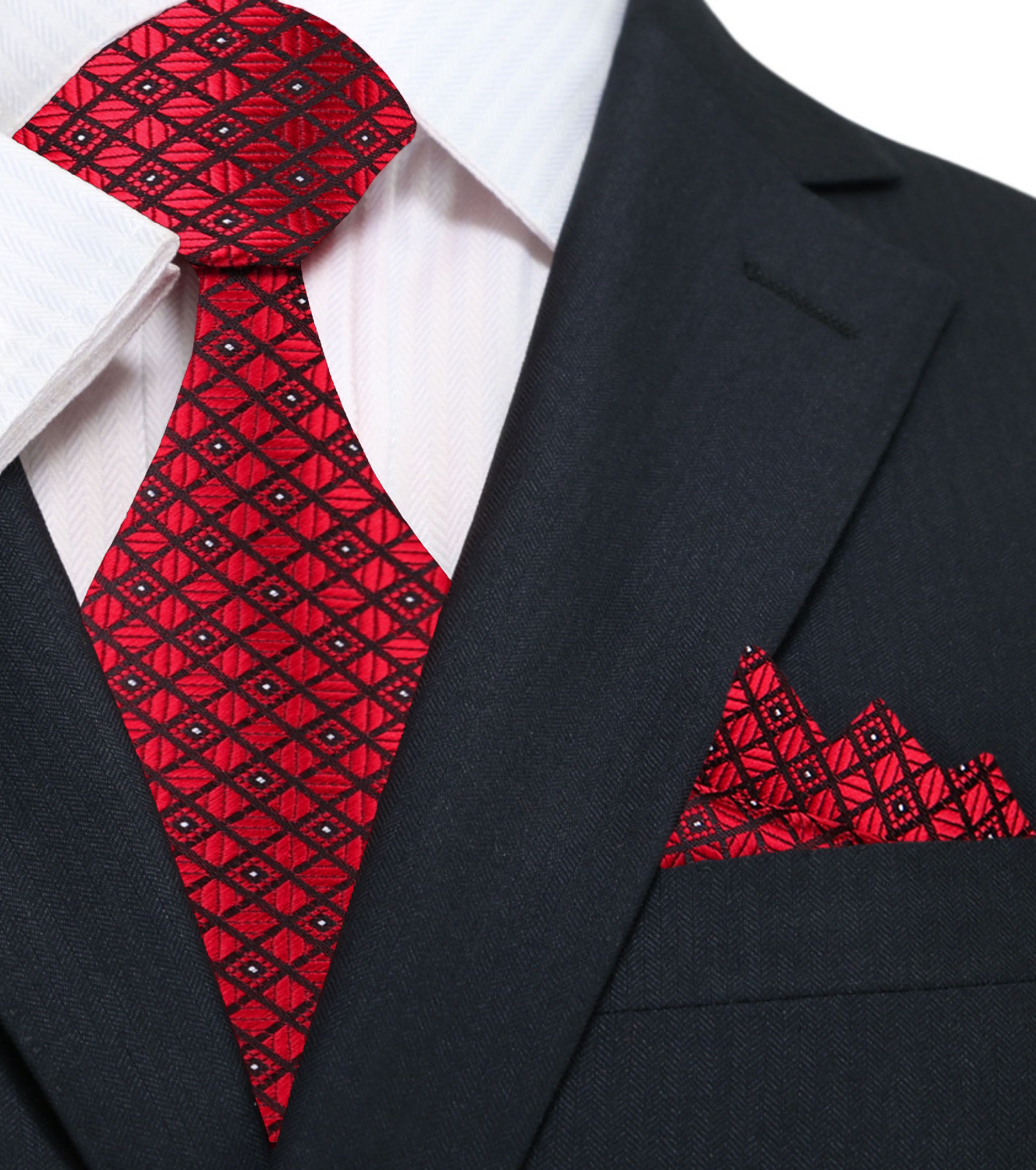 Elegant burgundy silk necktie with geometric pattern laid out flat