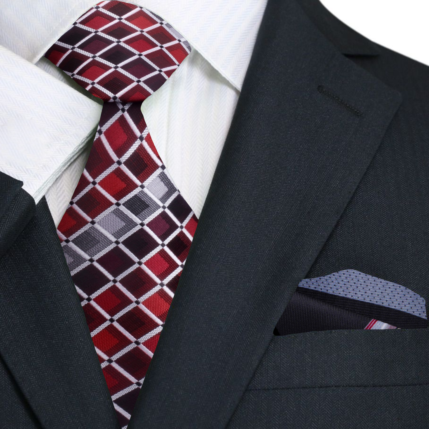 Front view of Mozart geometric squares mens necktie in red, grey, and black on a model