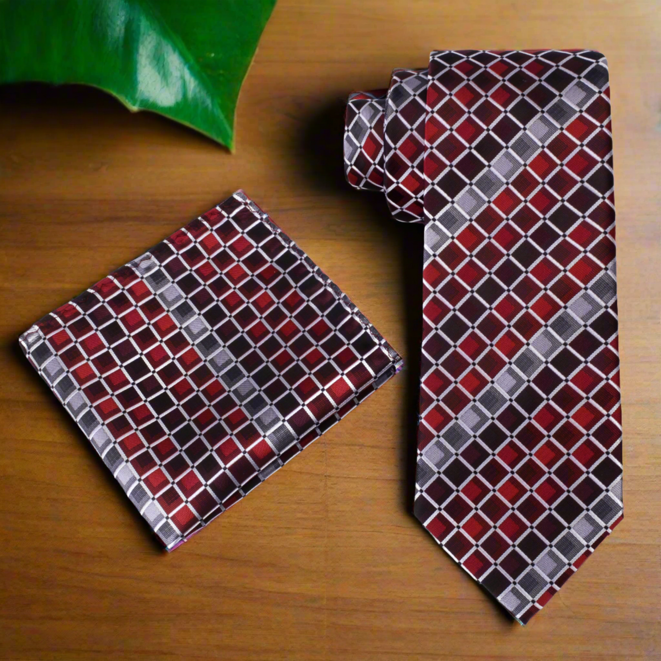 Front view of Mozart geometric squares mens necktie in red, grey, and black on a model