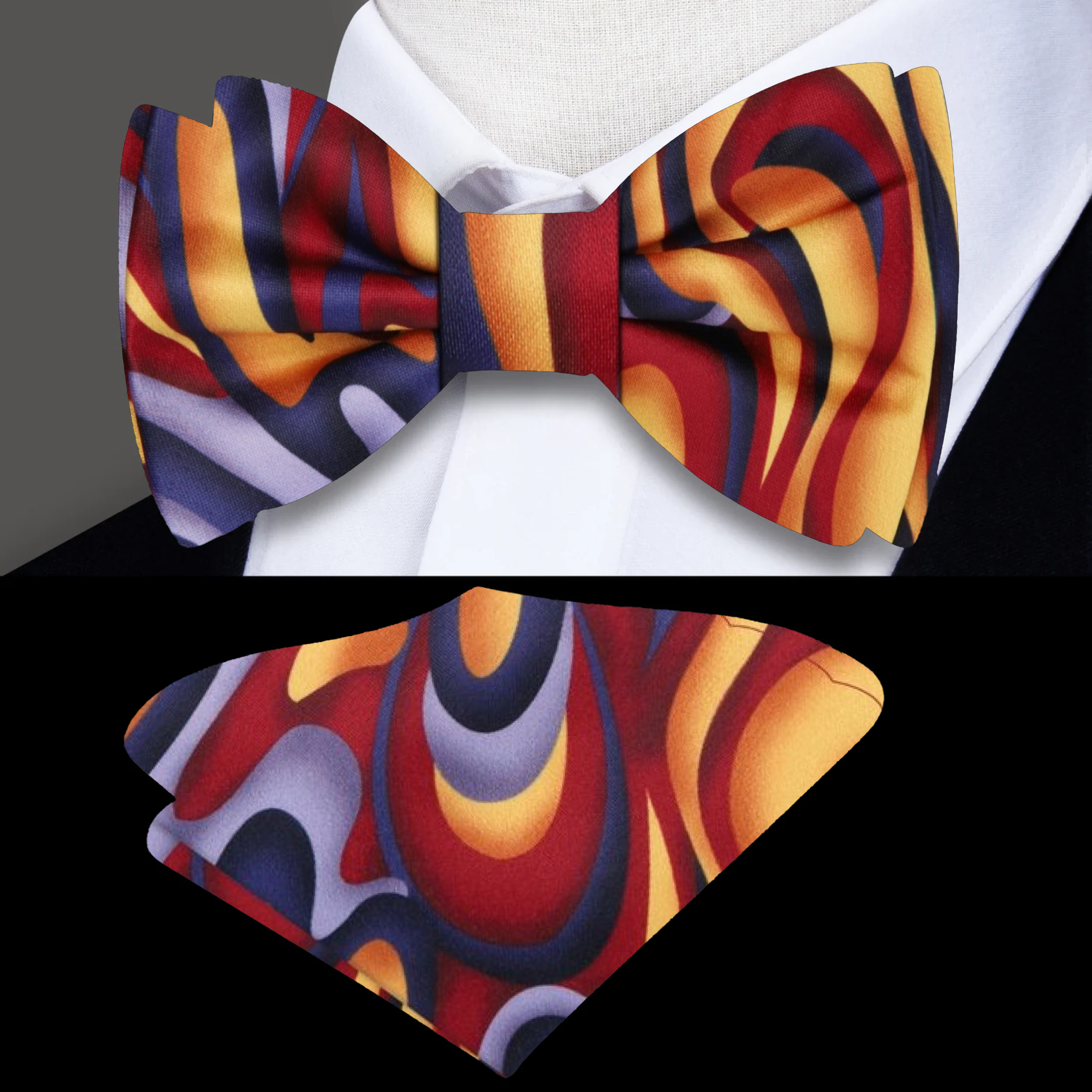 Close-up view of the vibrant abstract bow tie against a crisp white dress shirt.