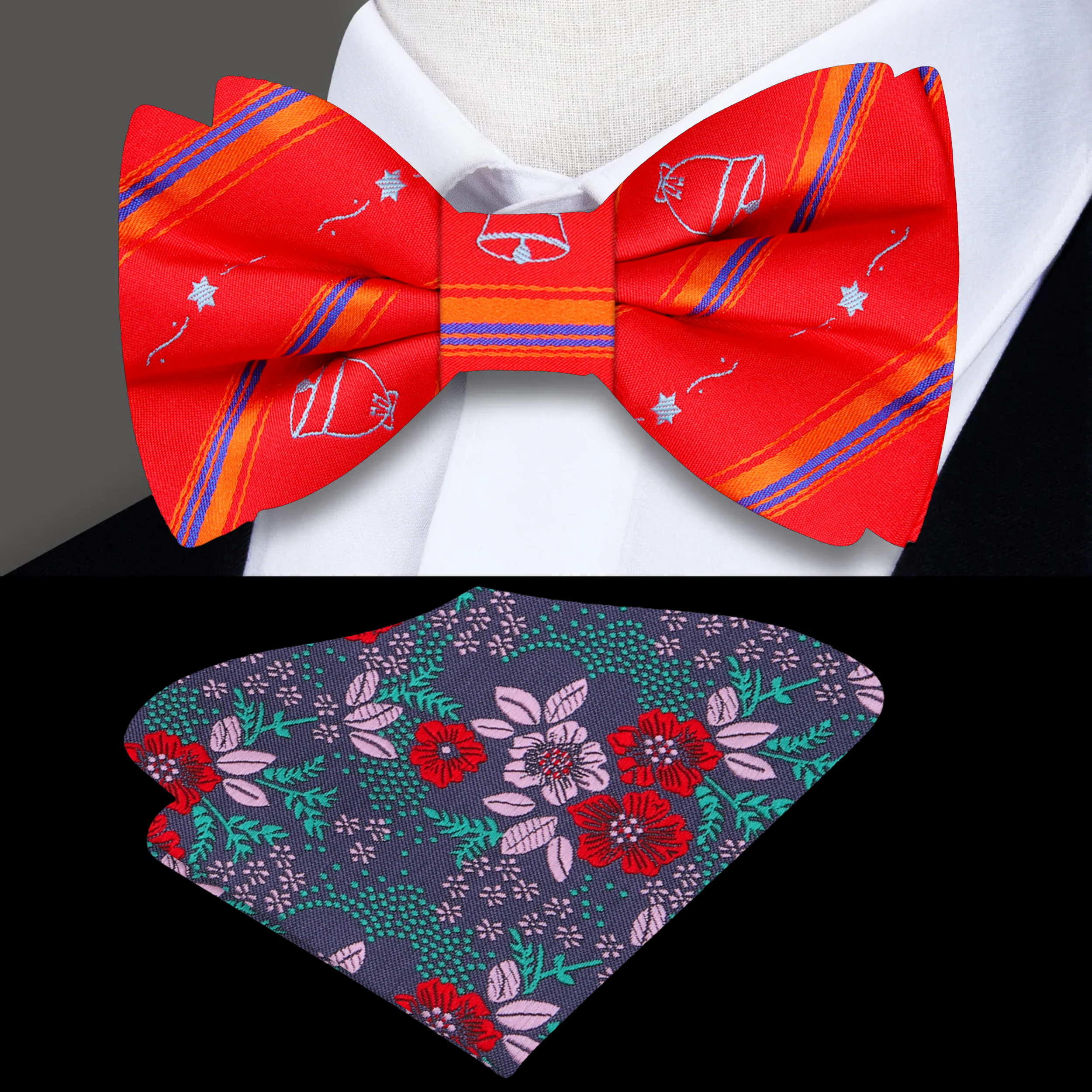Close-up of Christmas bells and tree bow tie in vibrant red and silver colors