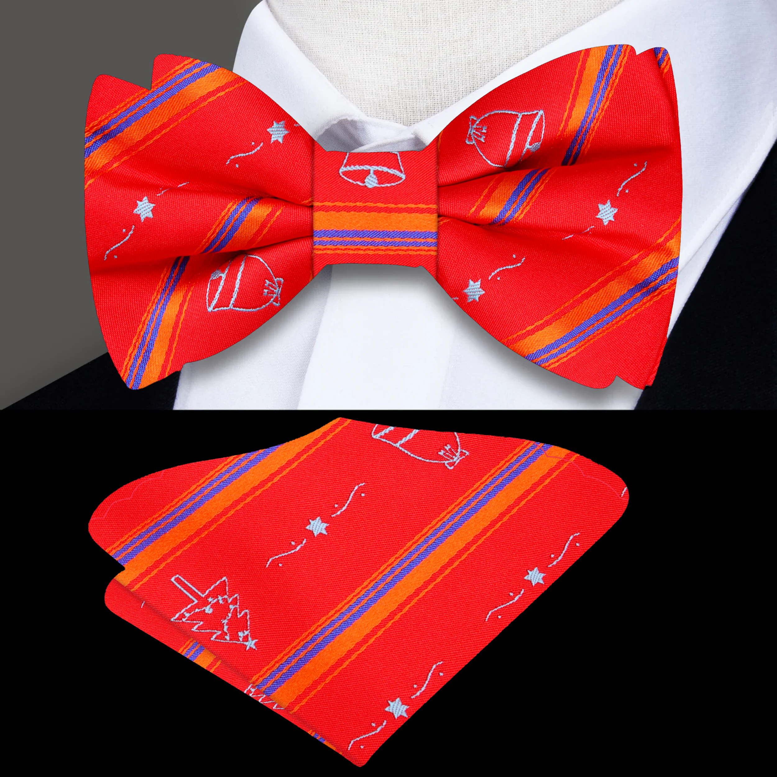 Man wearing a festive bow tie with Christmas motifs at holiday party