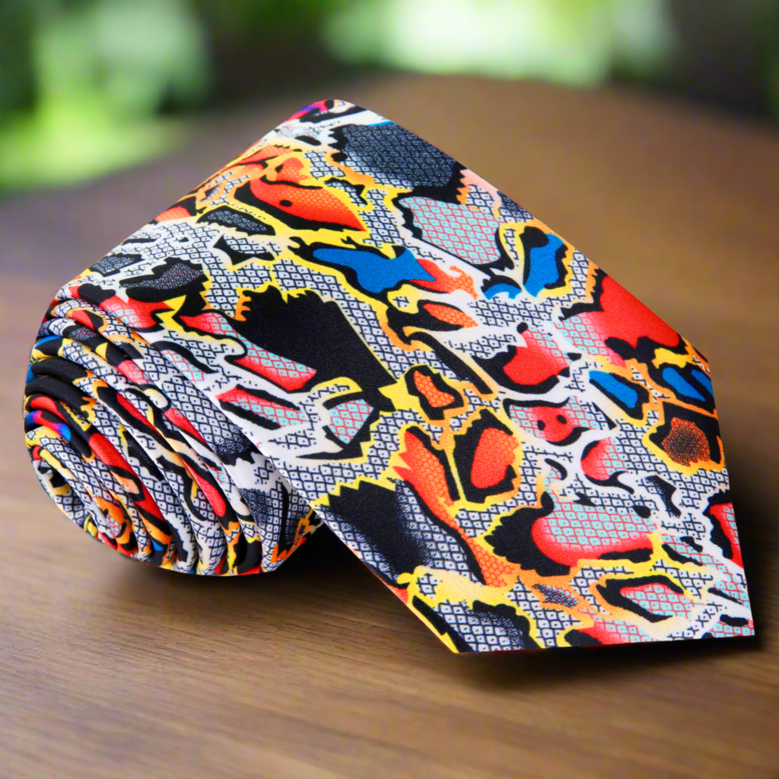 Vibrant snakeskin necktie displayed elegantly on a wooden table, highlighting its intricate design.