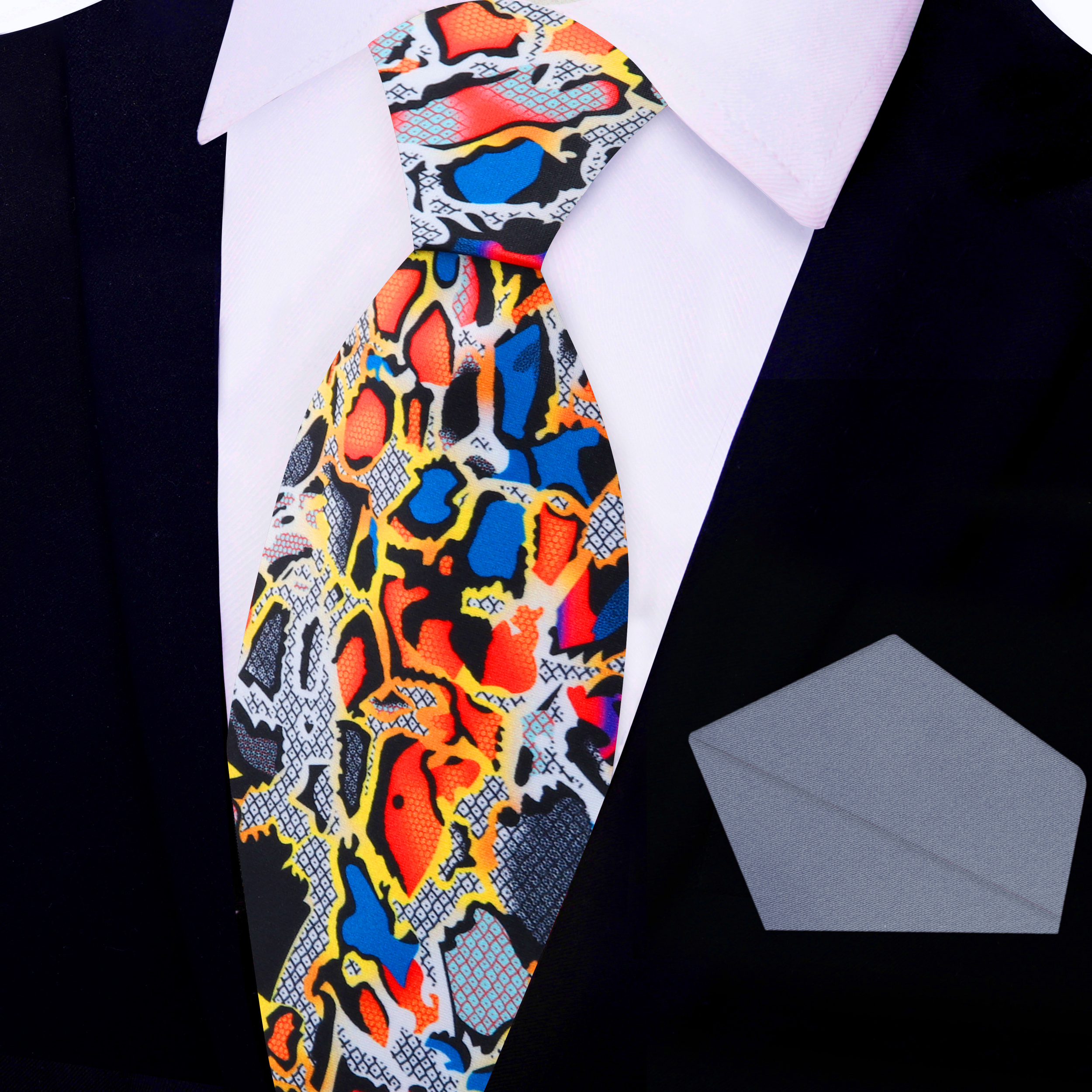 Stylishly paired vibrant snakeskin silk tie with a white dress shirt and charcoal suit.