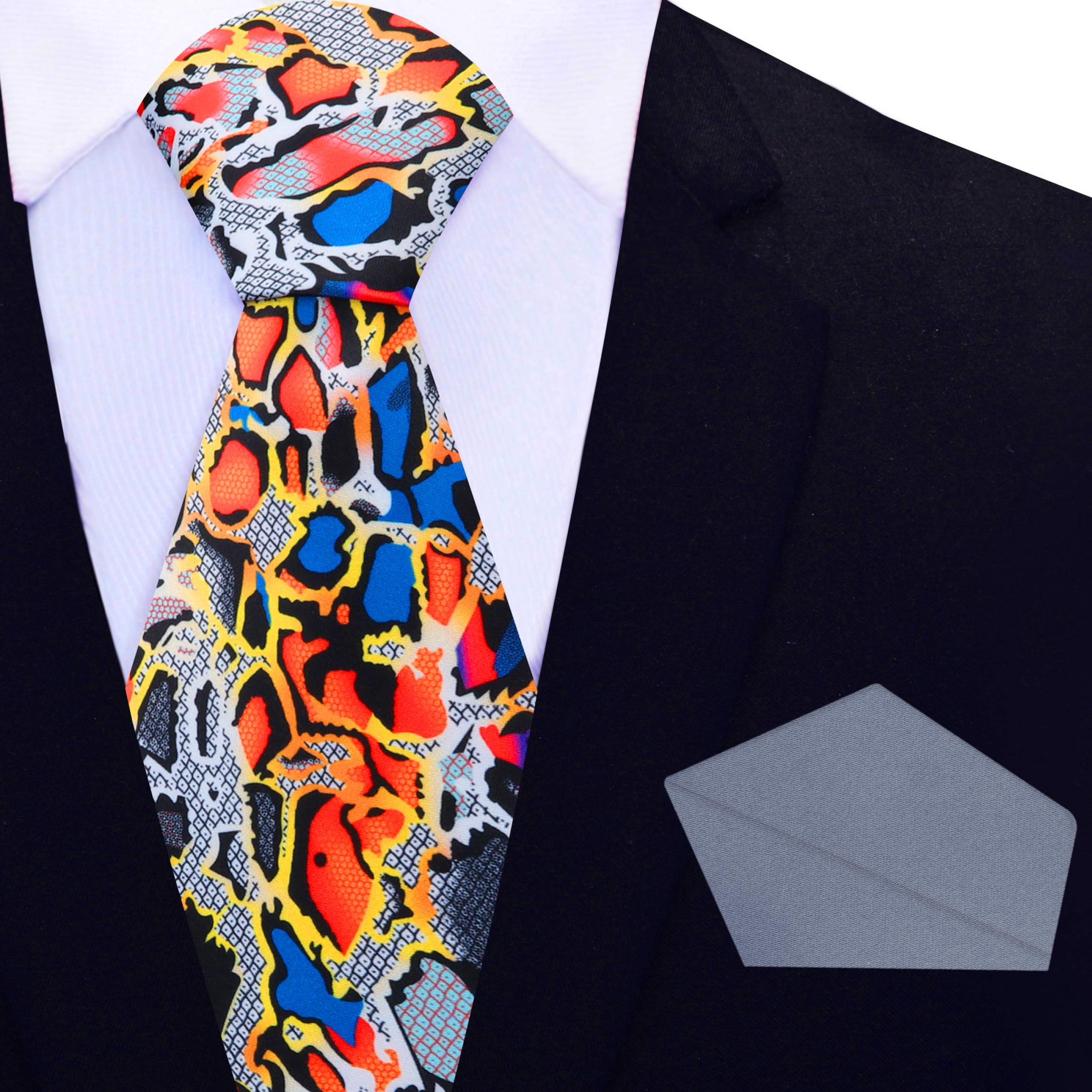 Vibrant snakeskin necktie displayed elegantly on a wooden table, highlighting its intricate design.
