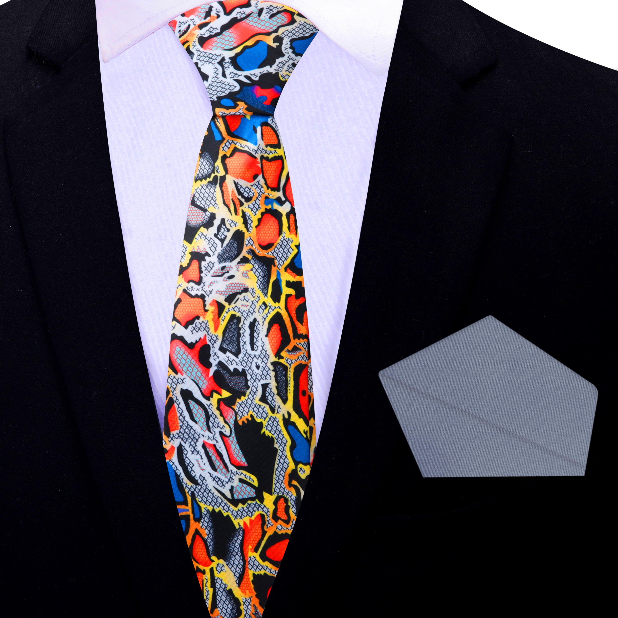 Close-up of vibrant snakeskin pattern silk necktie showcasing bold colors and texture.