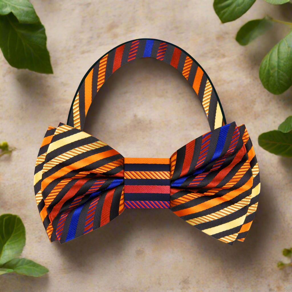 Close-up of vibrant stripe pattern silk bow tie for weddings