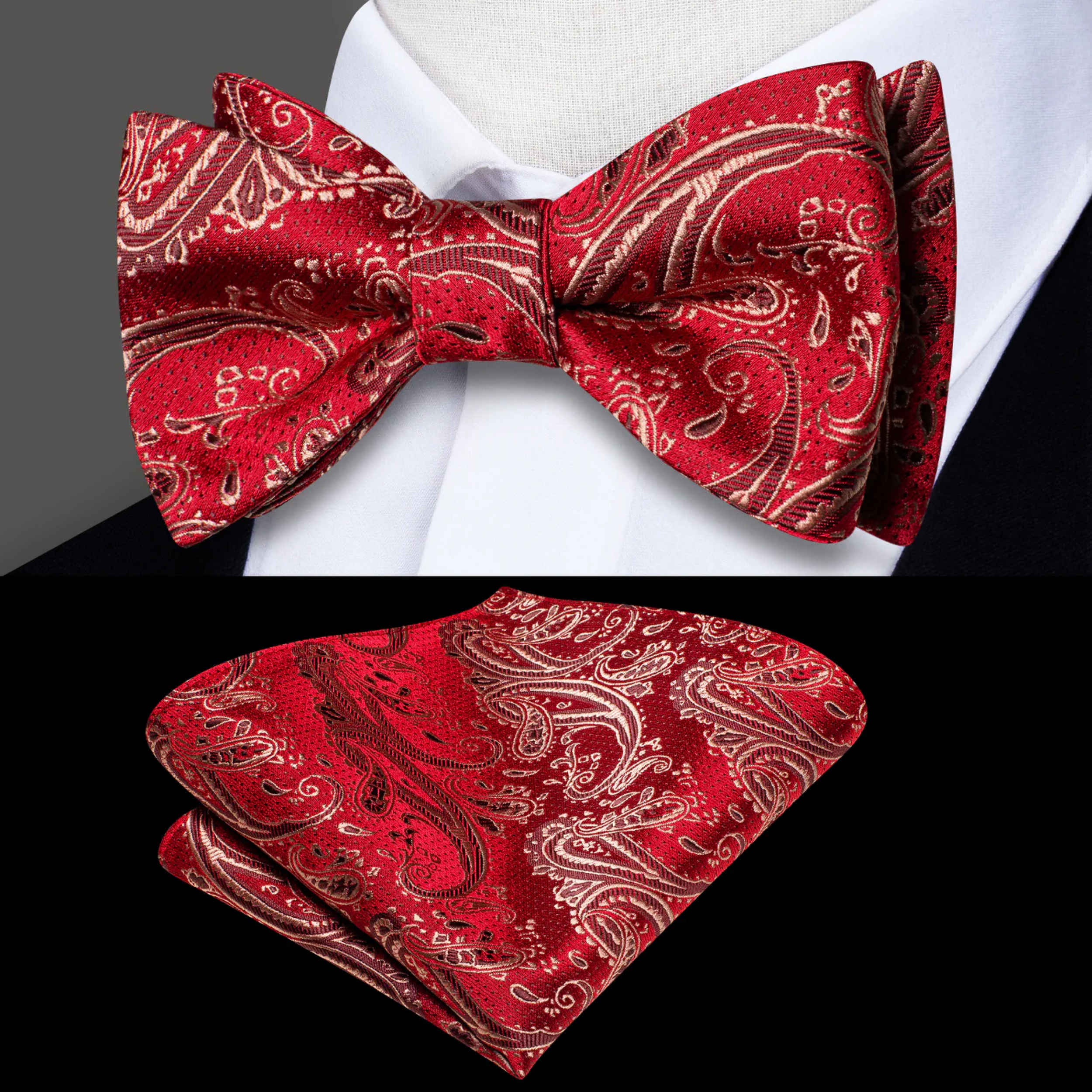 Close-up of vibrant paisley silk bow tie worn with a white dress shirt