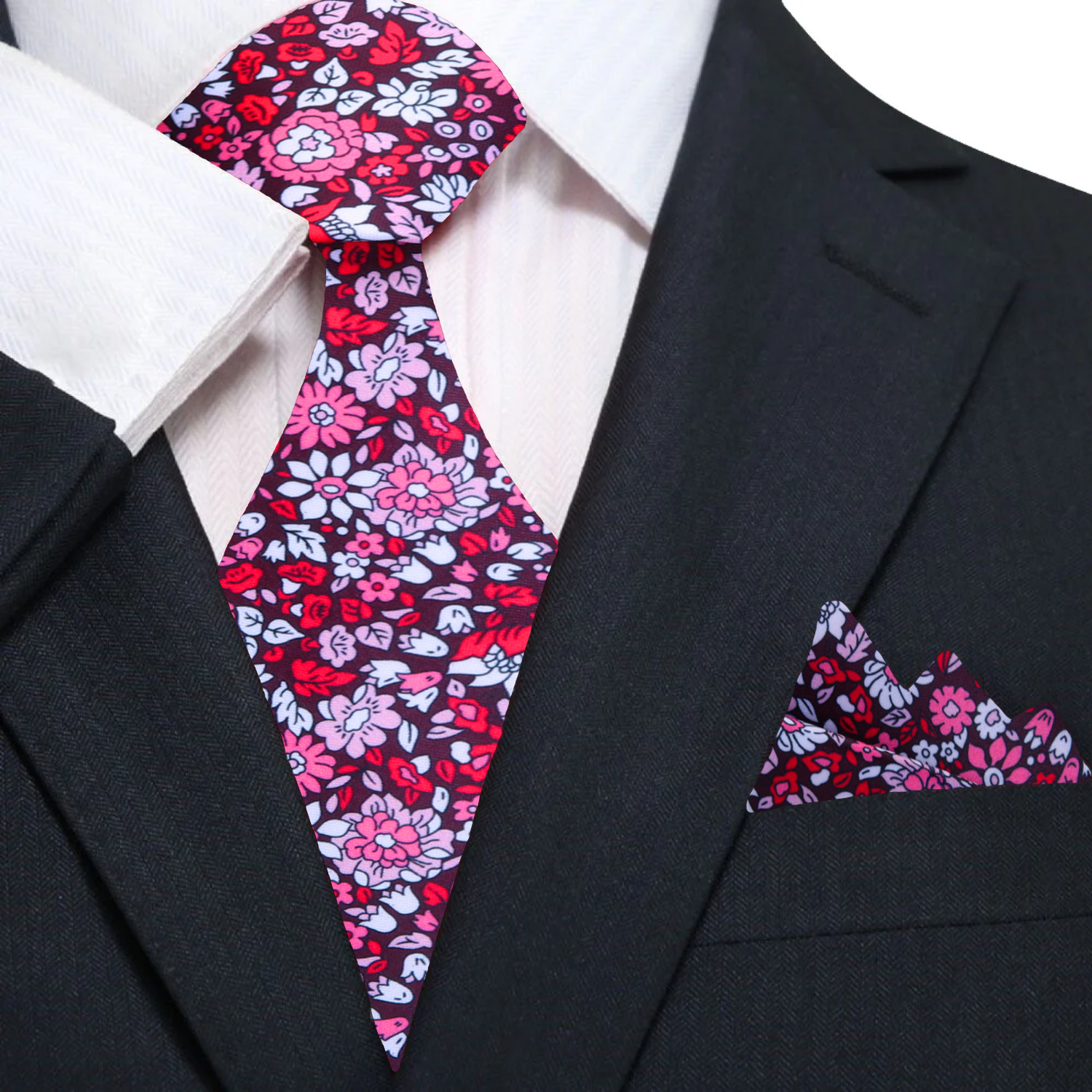 Elegant navy blue silk tie with floral pattern on a mannequin