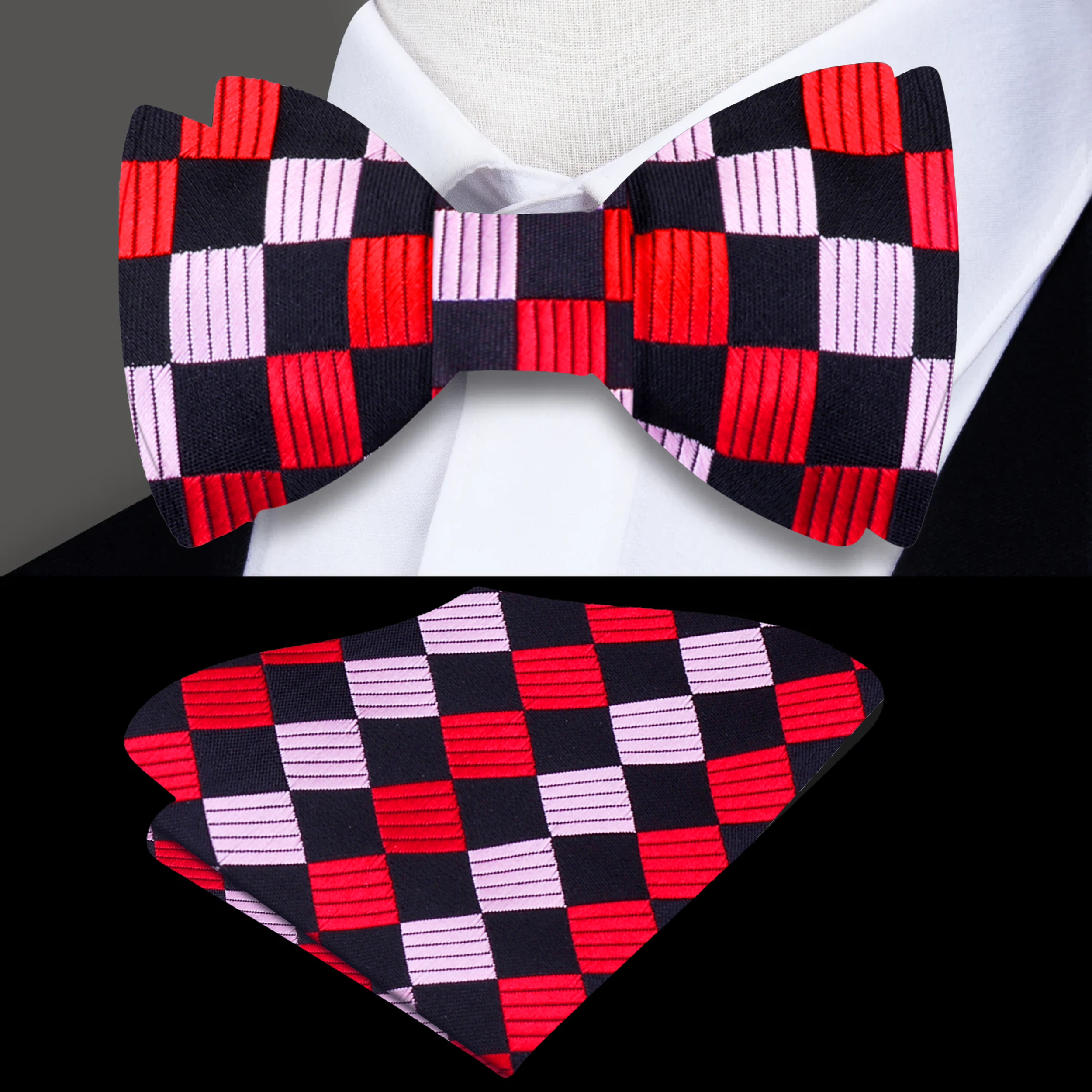 Silk self-tie bow tie with geometric pattern worn at a wedding