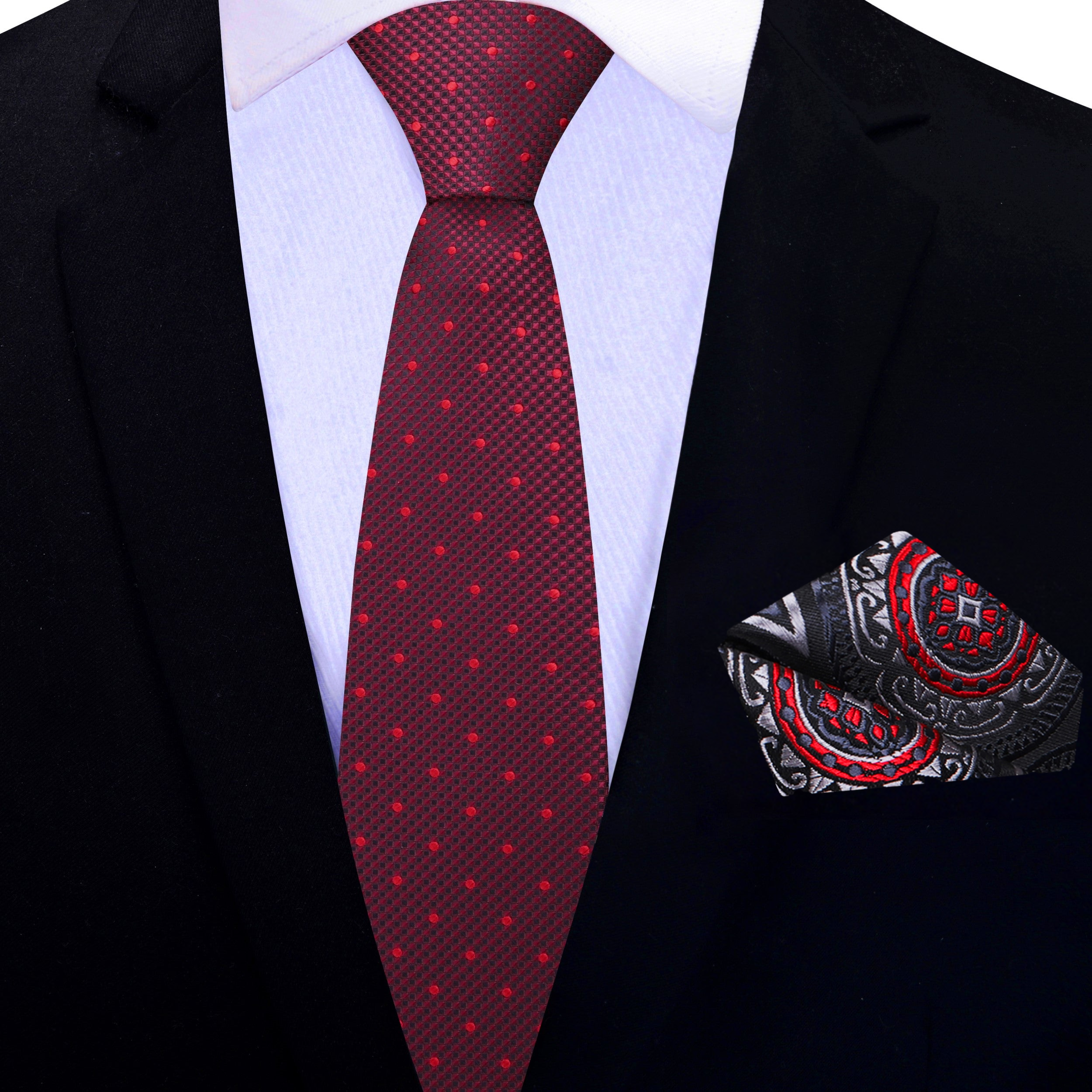 Silk polka dot mens necktie styled with navy blue suit for a formal event