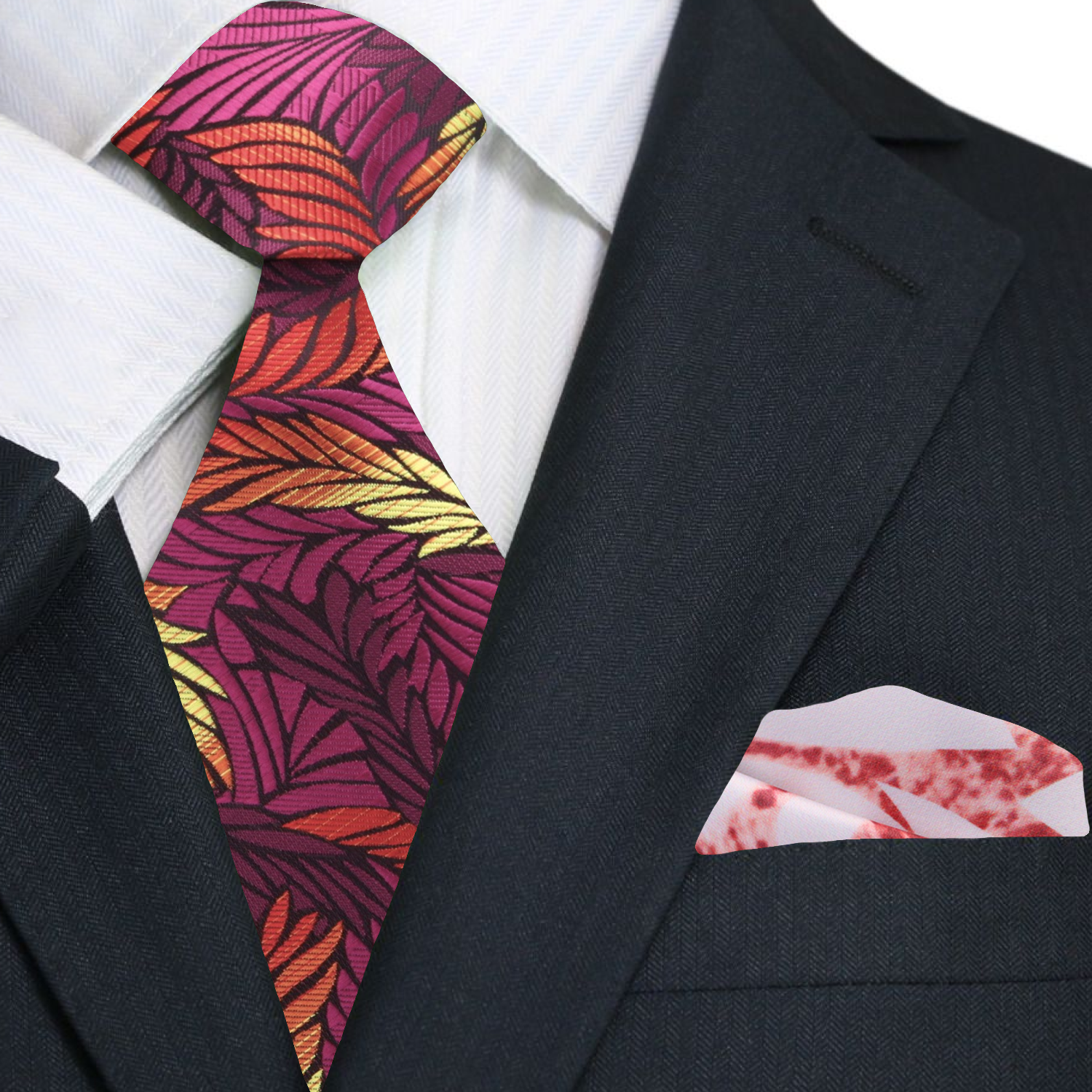 Close-up of the feather motif on the necktie, emphasizing its luxurious silk material.