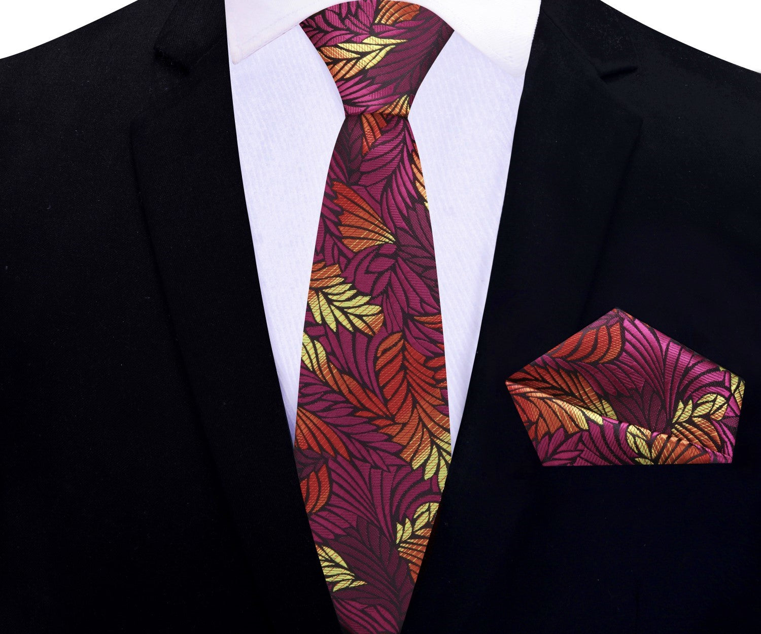 Angle view of the majestic feather pattern necktie showcasing its rich colors and design.