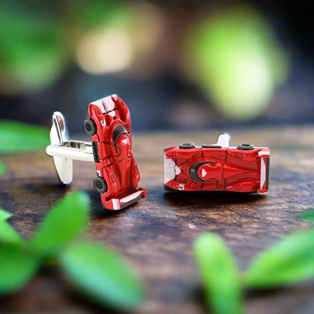 Side view of race car cufflinks with chrome and red accents, ideal for automotive enthusiasts