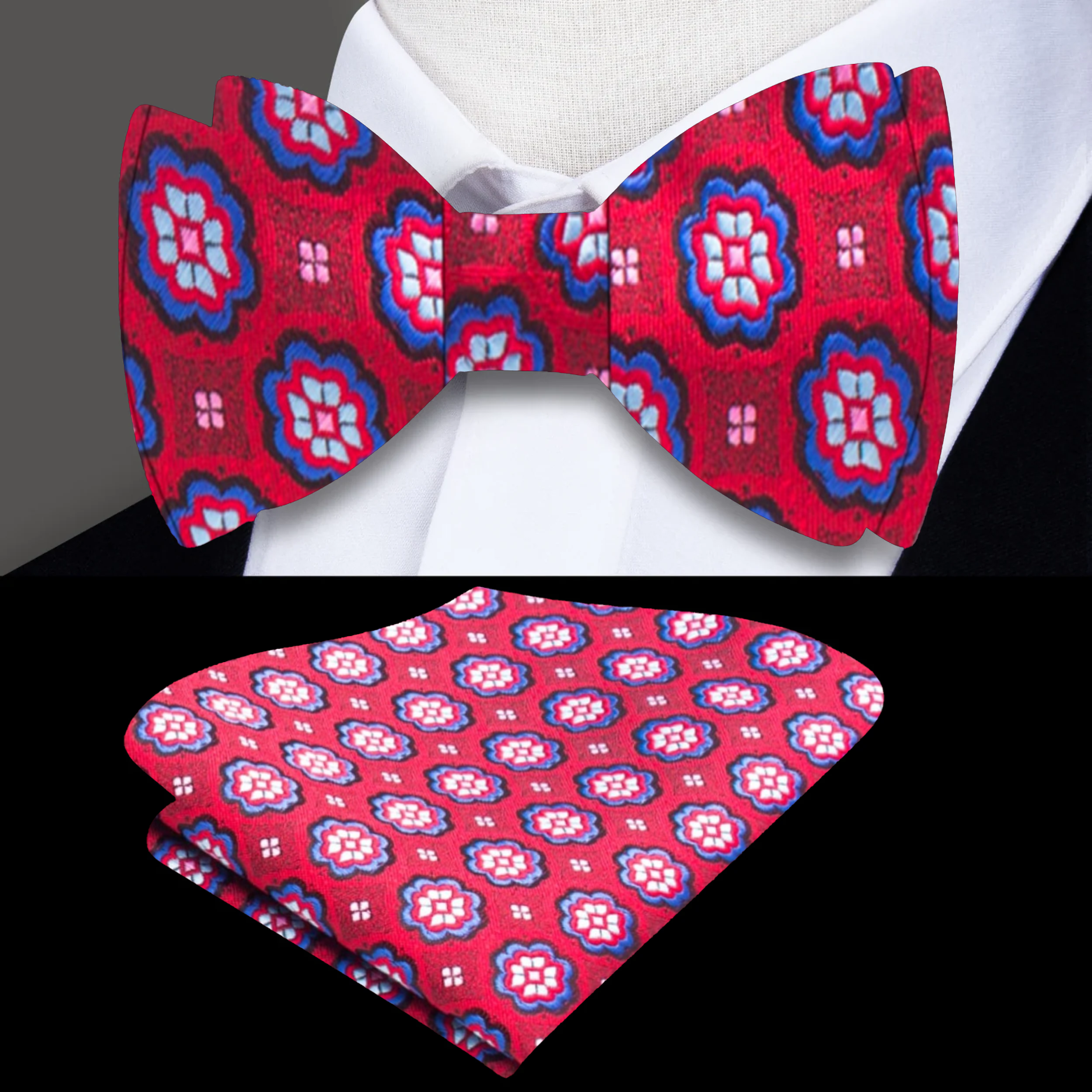 Elegant self tie bow tie with pocket square, suitable for formal occasions