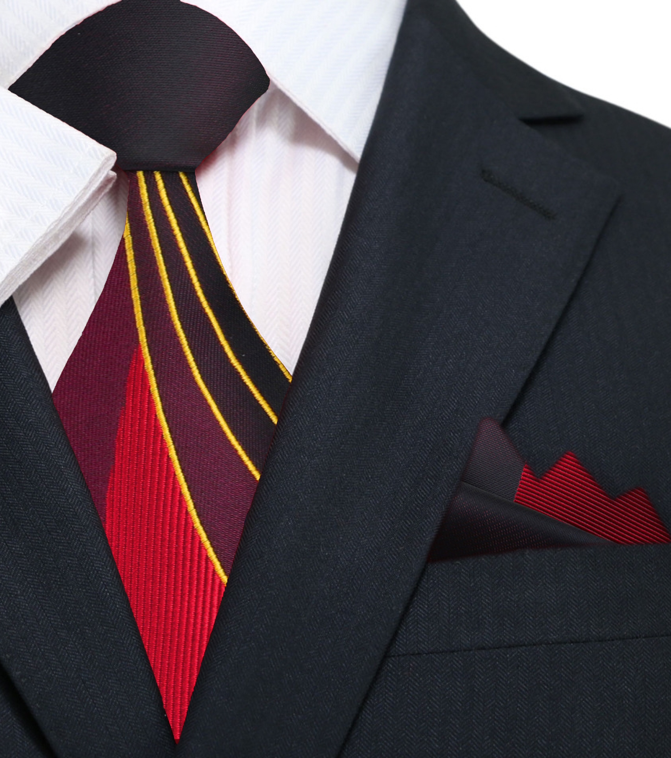 Close-up view of the silk tie and pocket square set, highlighting the abstract design and rich fabric texture.