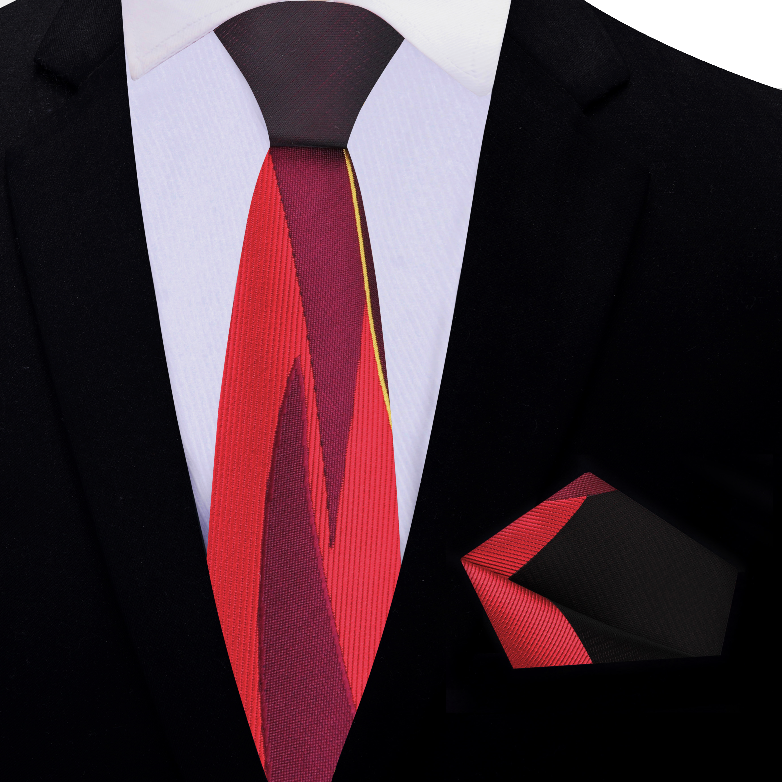 Luxury Abstract Red and Gold Necktie Set displayed on a white background, showcasing the intricate pattern and vibrant colors.