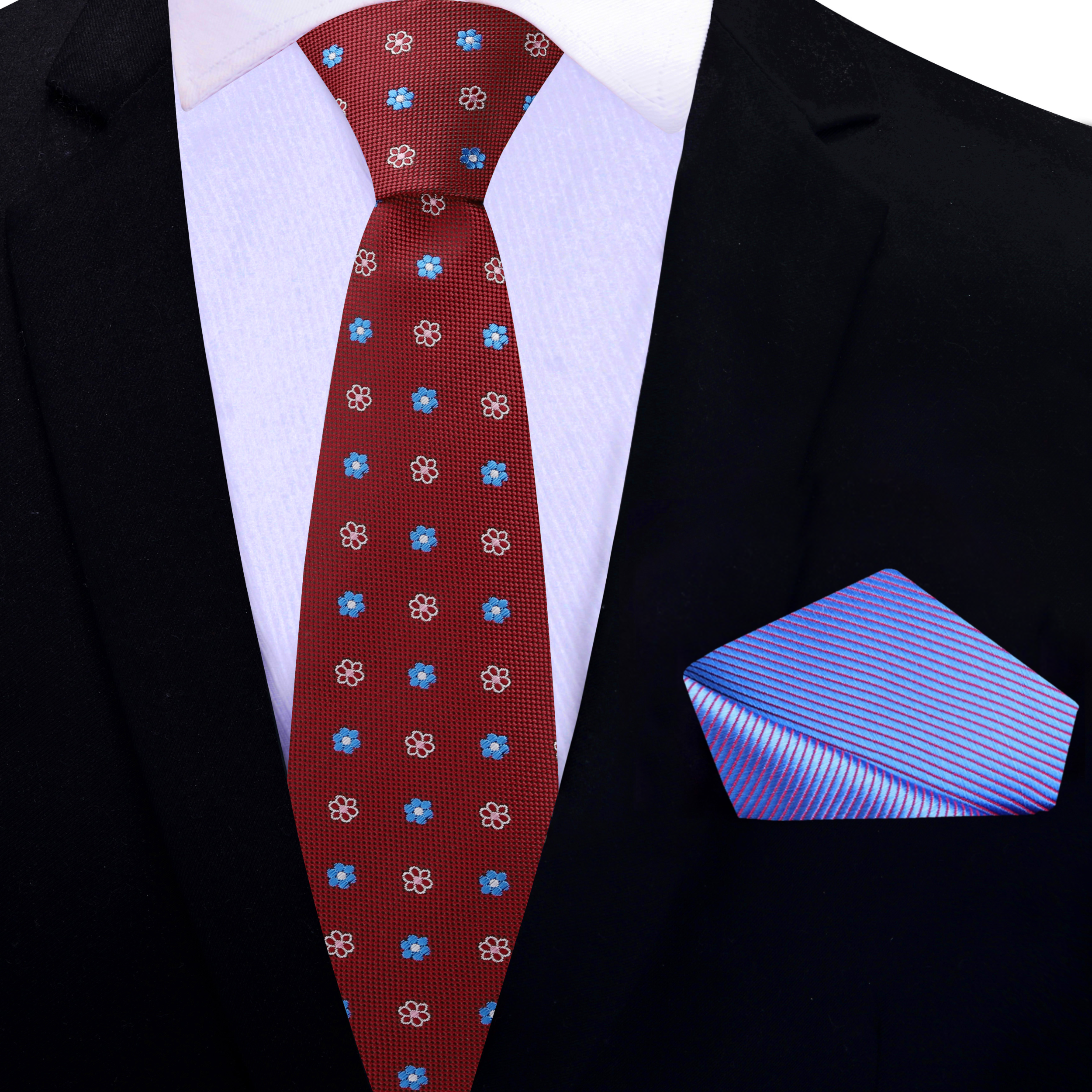 Mens floral tie displayed alongside an affordable pocket square set.
