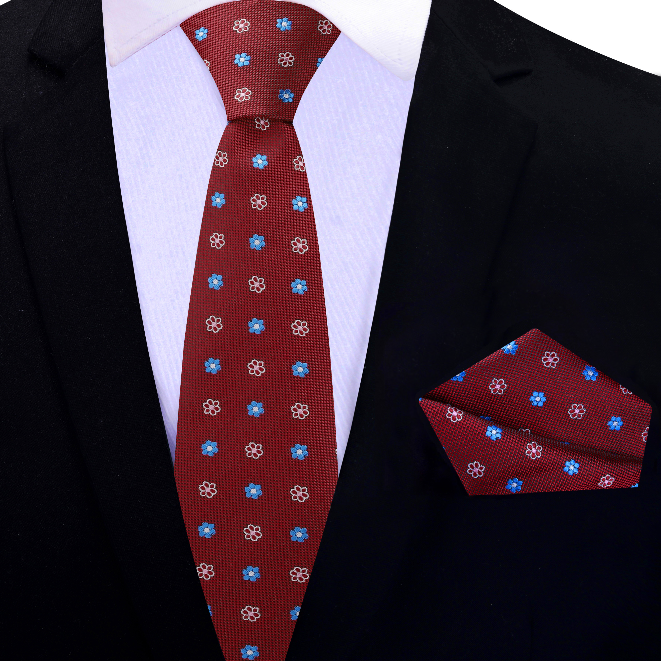 Mens floral tie displayed alongside an affordable pocket square set.
