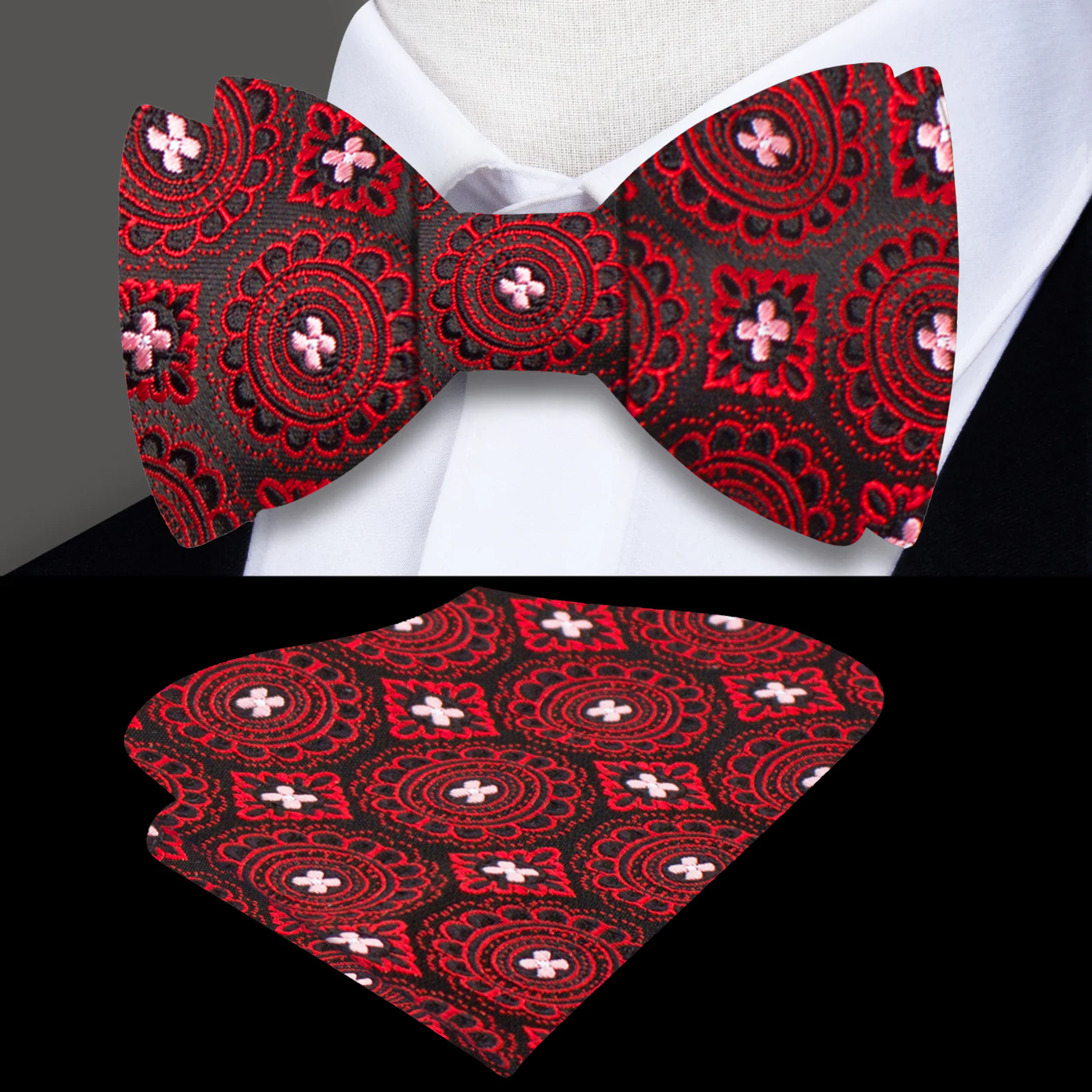 Crimson Burst Silk Bow Tie displayed on a white dress shirt, highlighting its geometric pattern.