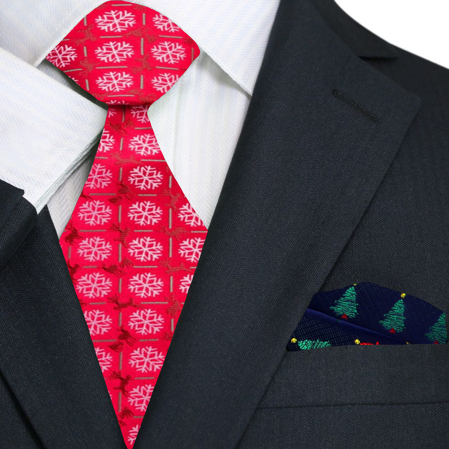 Close-up of the snowflake design on a red necktie, showcasing its festive charm.