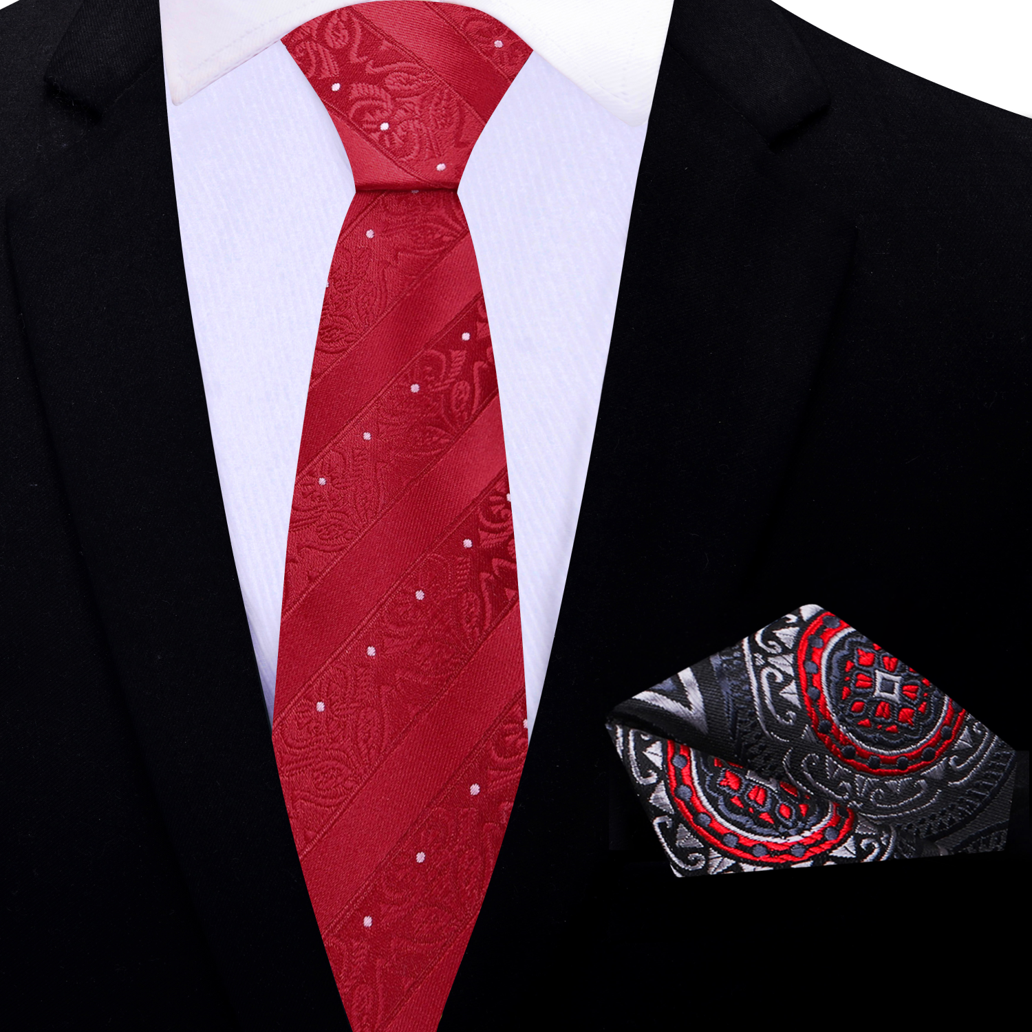 Elegant textured red floral necktie displayed on a suit, emphasizing its intricate design and color.
