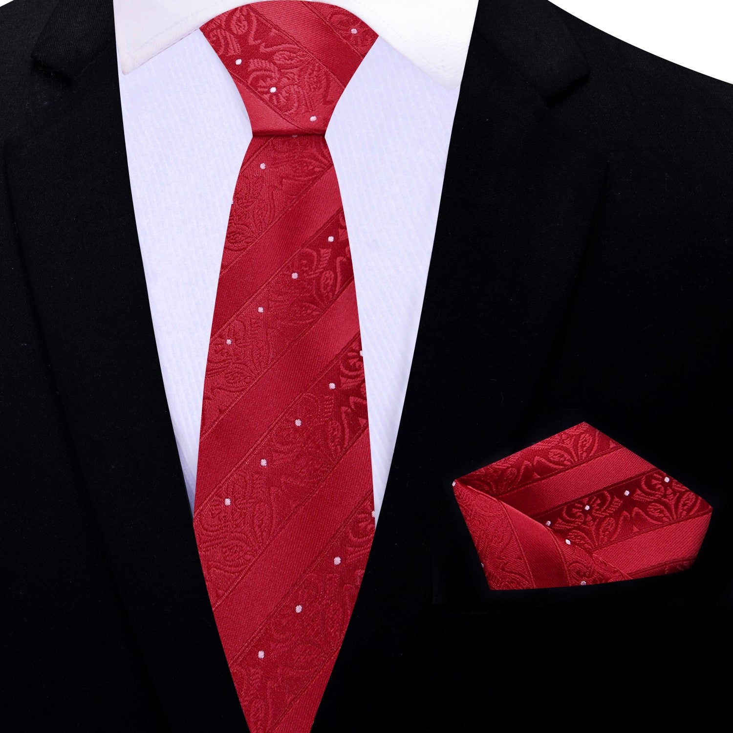 Close-up of the red neckties floral texture, highlighting its quality and sophistication.