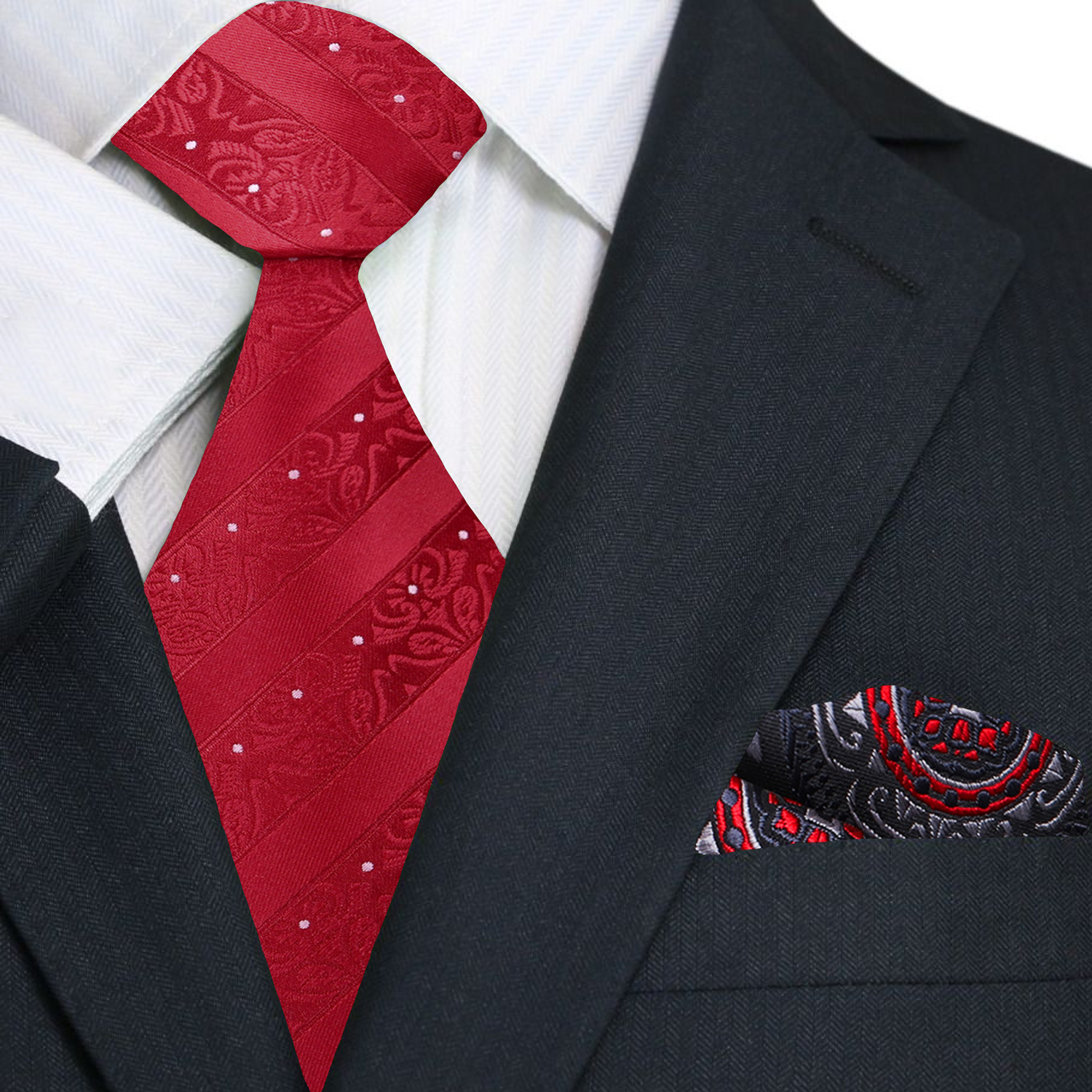 Red necktie styled with a white dress shirt and charcoal suit, showcasing a polished look for business meetings.