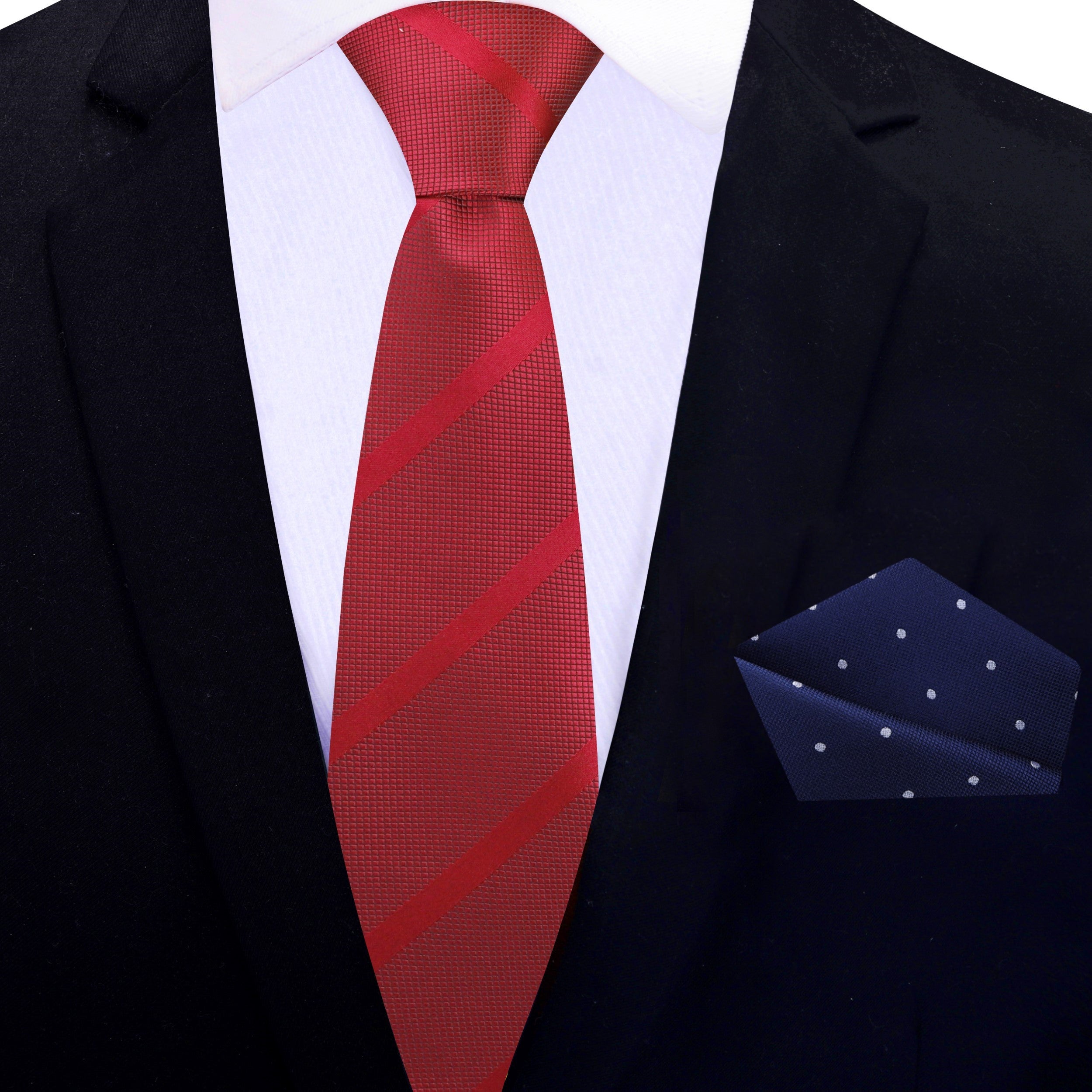 Close-up of a mens red pattern tie, showcasing vibrant red stripes and silk fabric