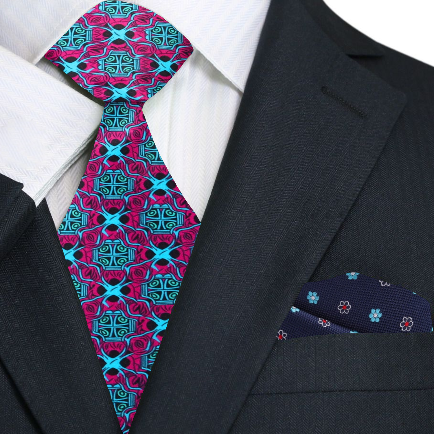 Formal setting with a man wearing a red abstract silk necktie paired with a white shirt