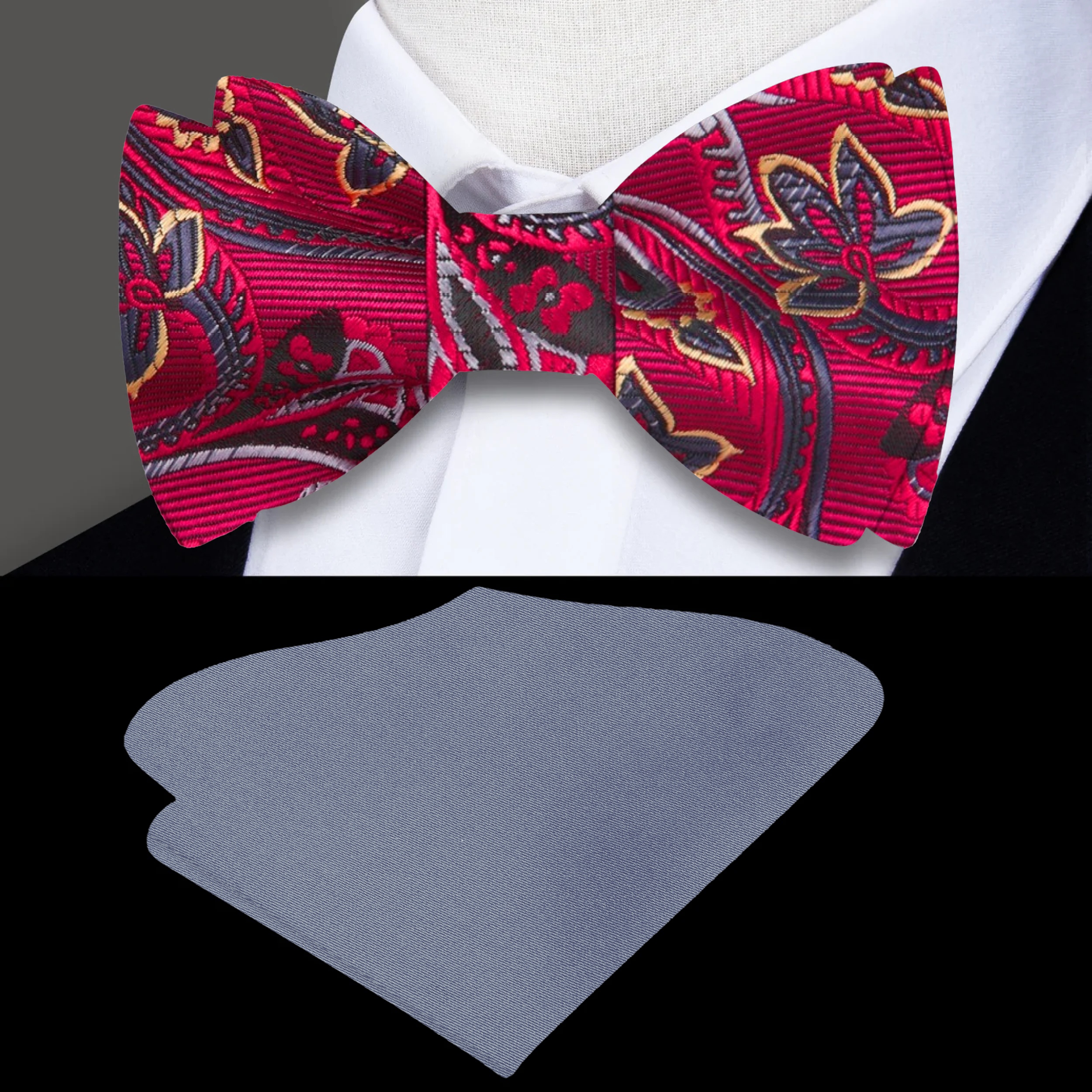 Close-up of deep red paisley bow tie showing silk texture and elegant pattern