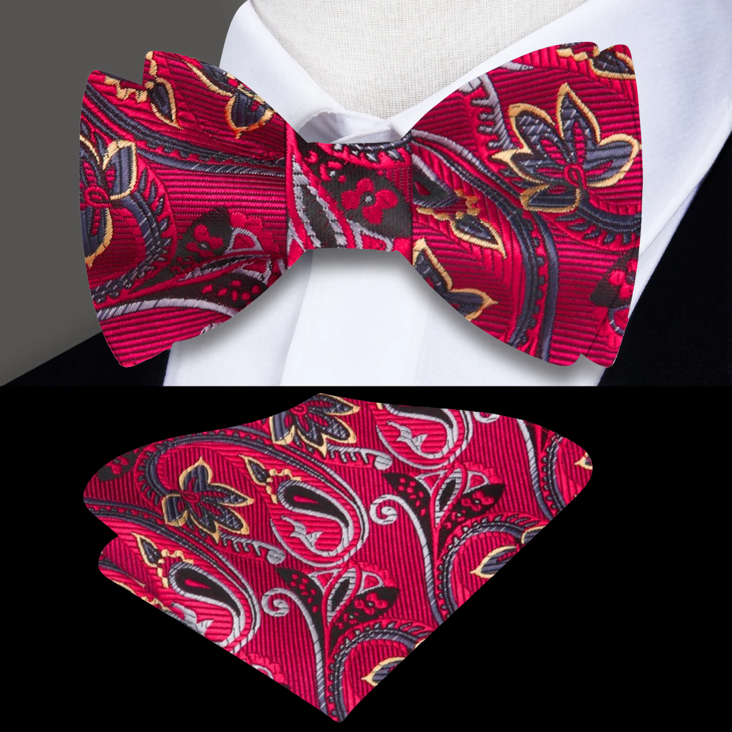 Formal red bow tie with pocket square styled on a black suit for a wedding
