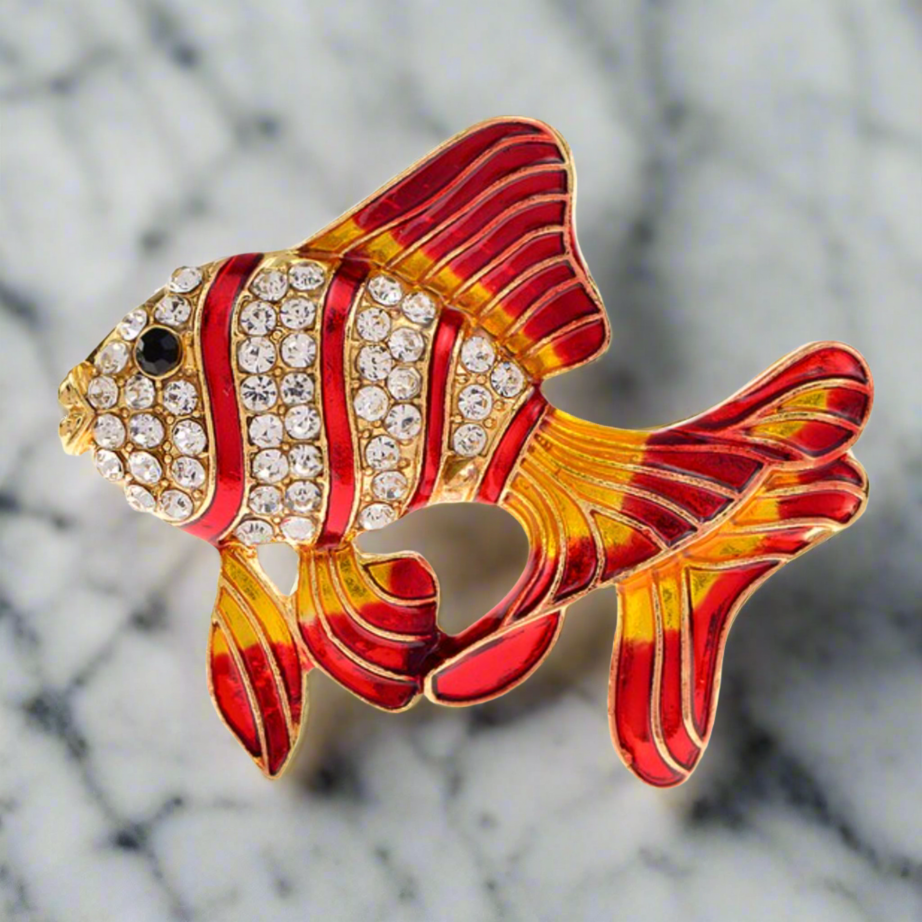 Styled image of a gemstone animal lapel pin attached to a blazer, highlighting its luxurious appearance