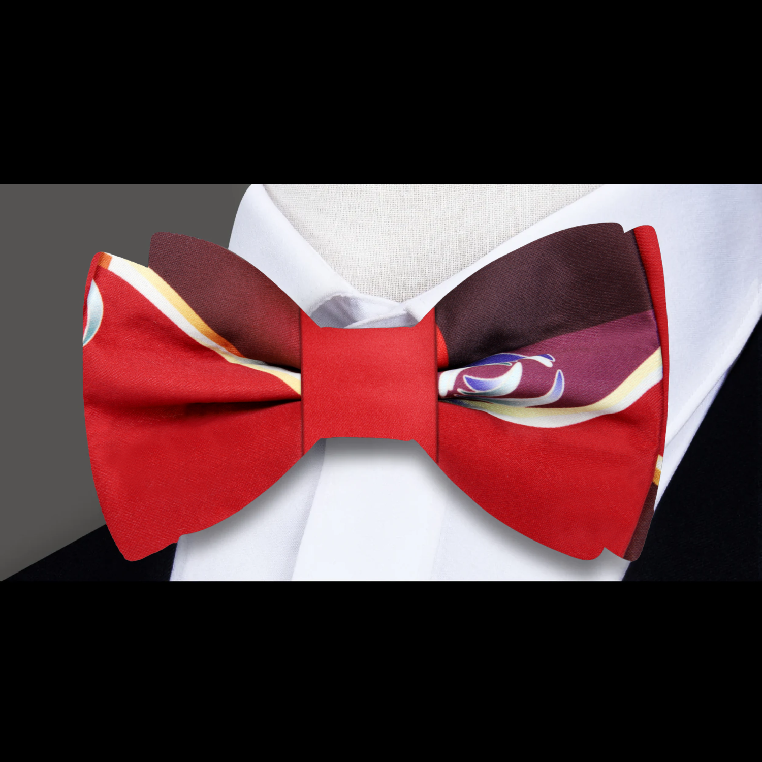 Close-up of the bow tie paired with a white dress shirt, emphasizing its elegant design.