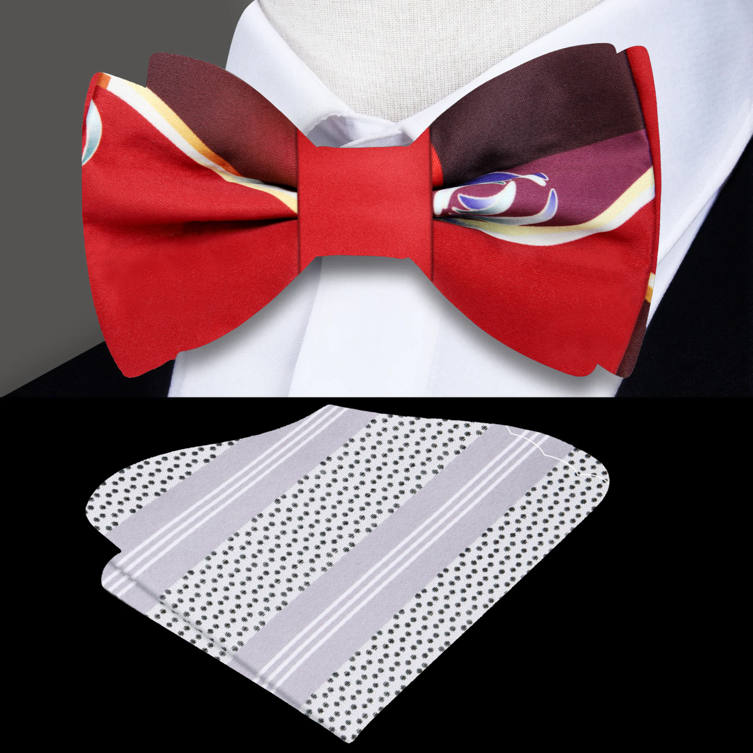 Front view of the vibrant red and gold swirling bow tie, showcasing intricate patterns.