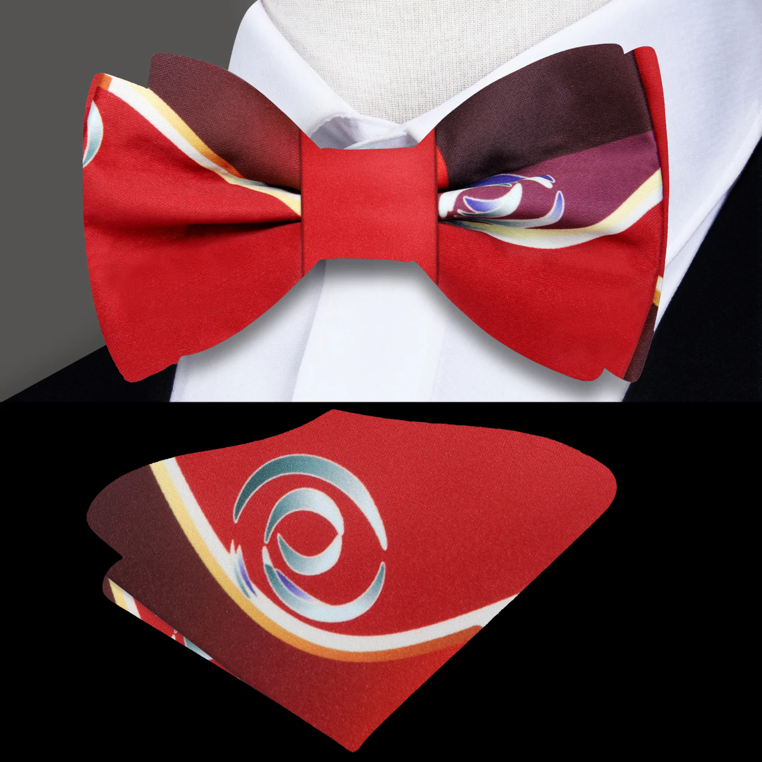 Close-up of the bow tie paired with a white dress shirt, emphasizing its elegant design.