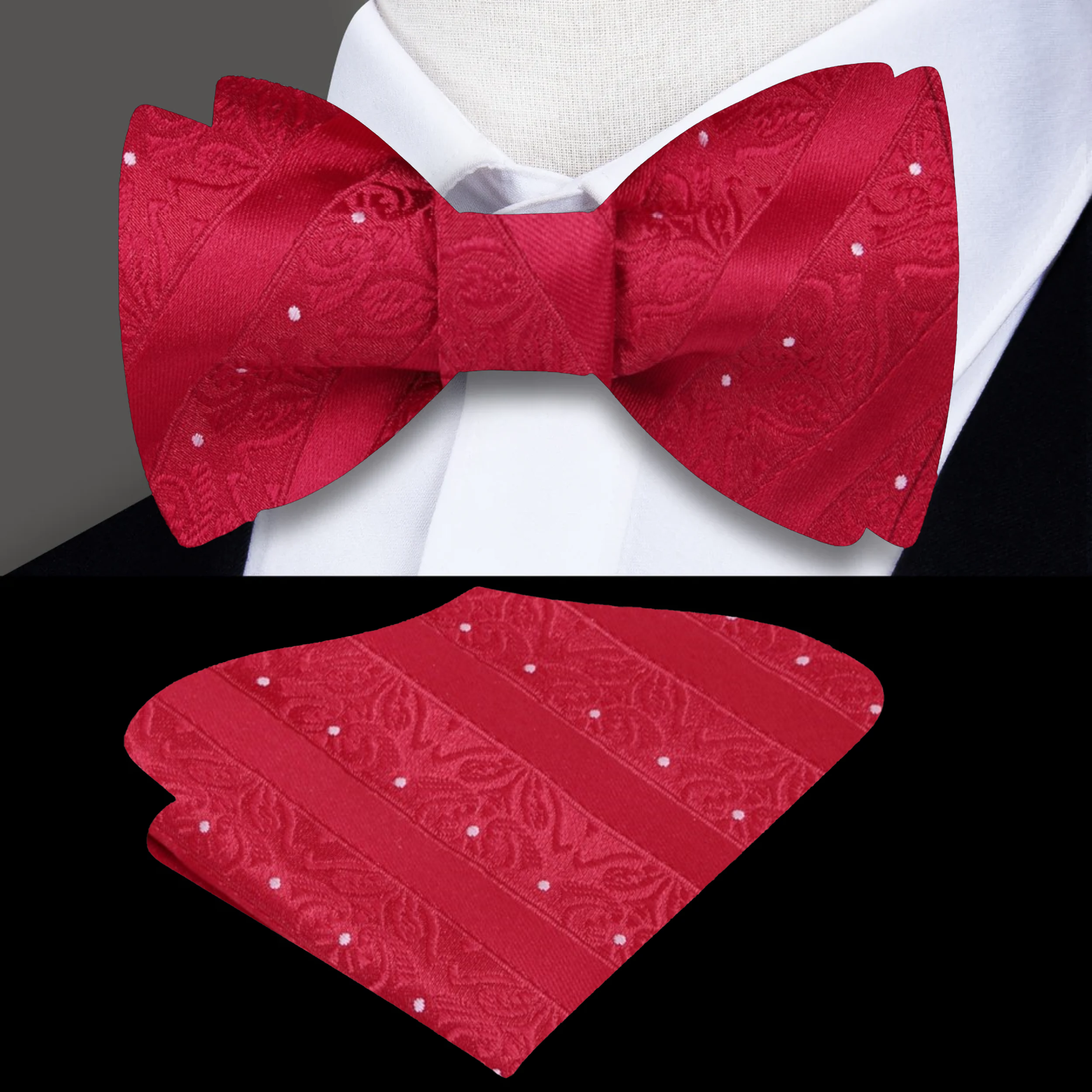 Close-up of the red self tie bow tie showing floral texture and dotted silk pattern