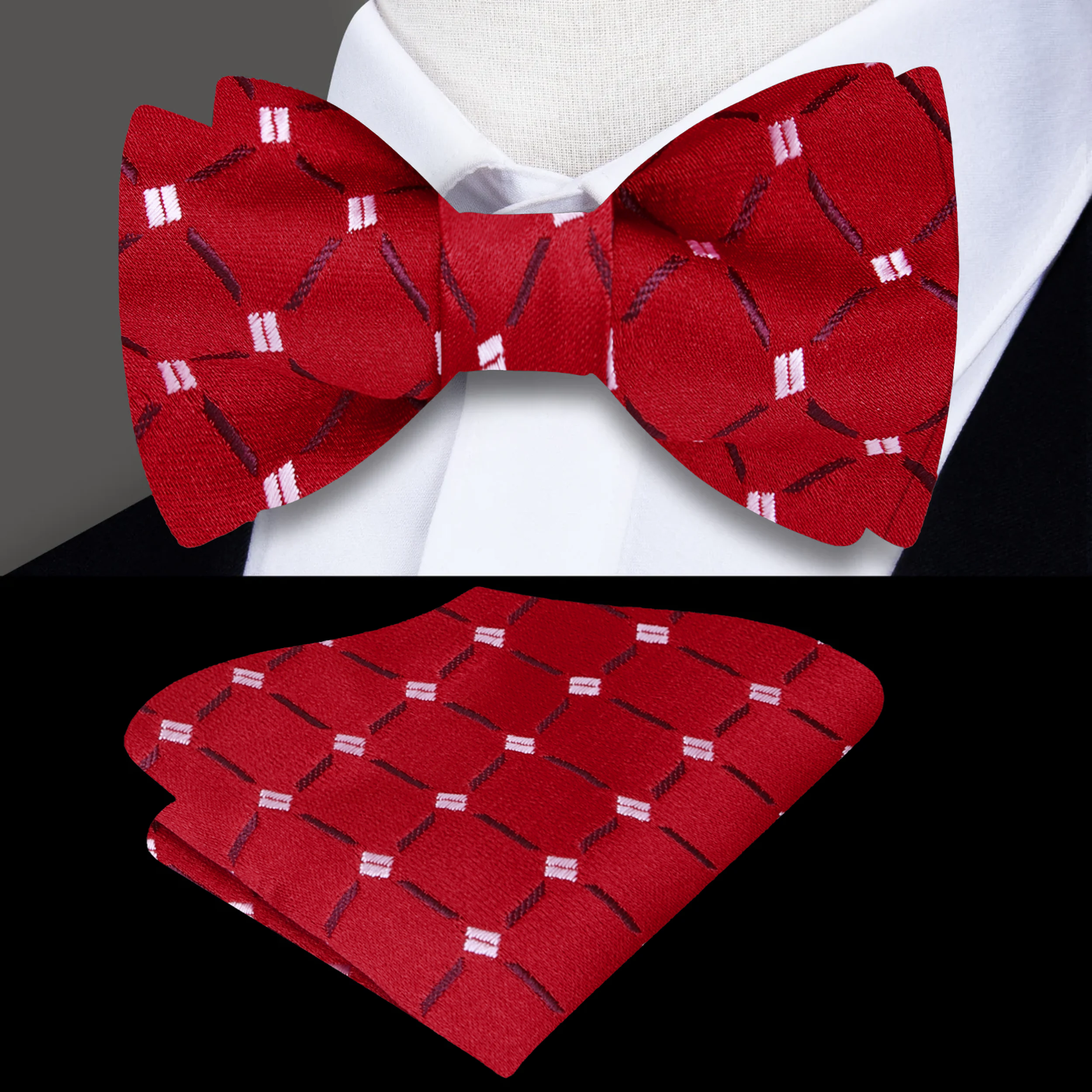 Close-up of a geometric patterned bow tie with a stylish appeal