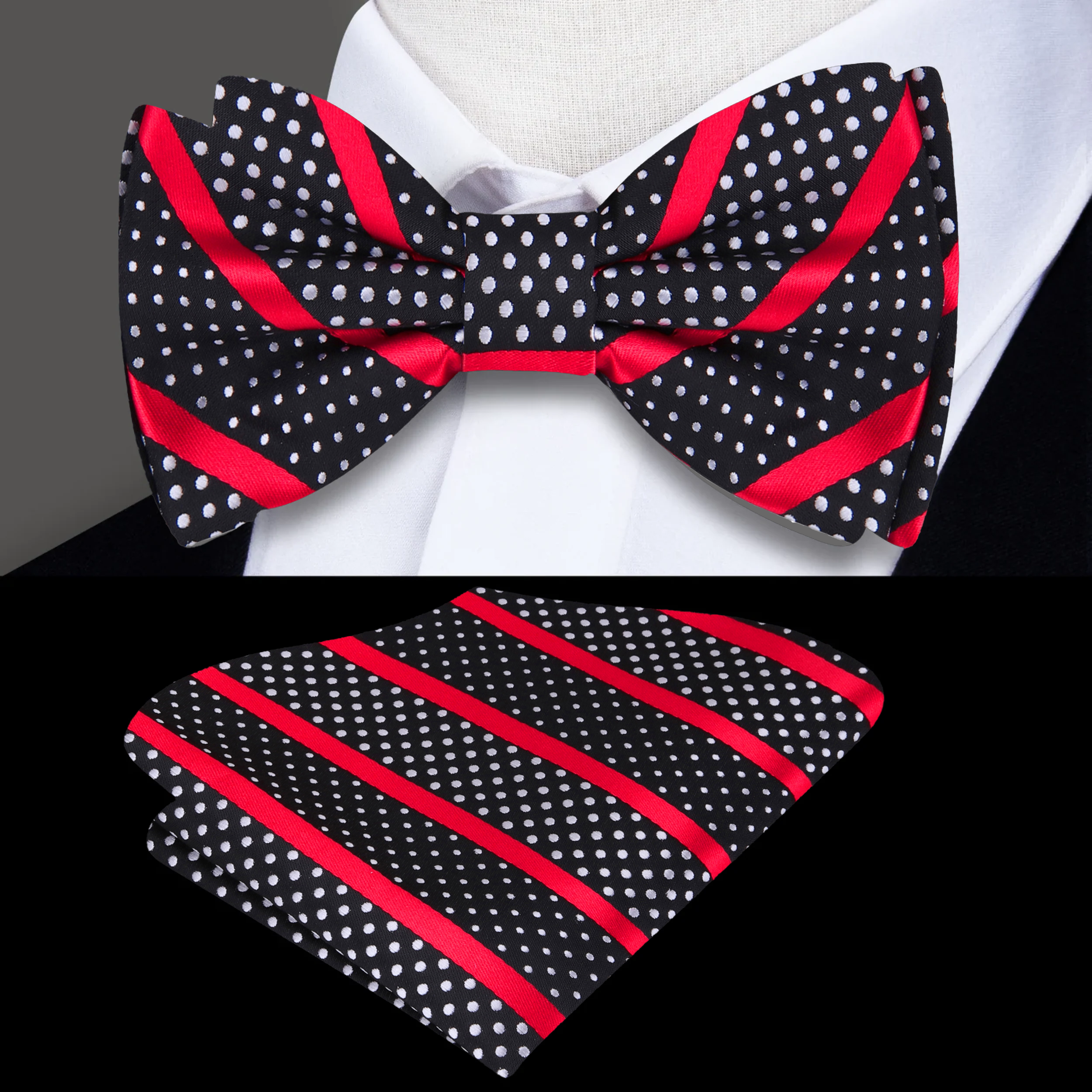 Chic striped polka dot bow tie in vibrant colors, styled with a white dress shirt.