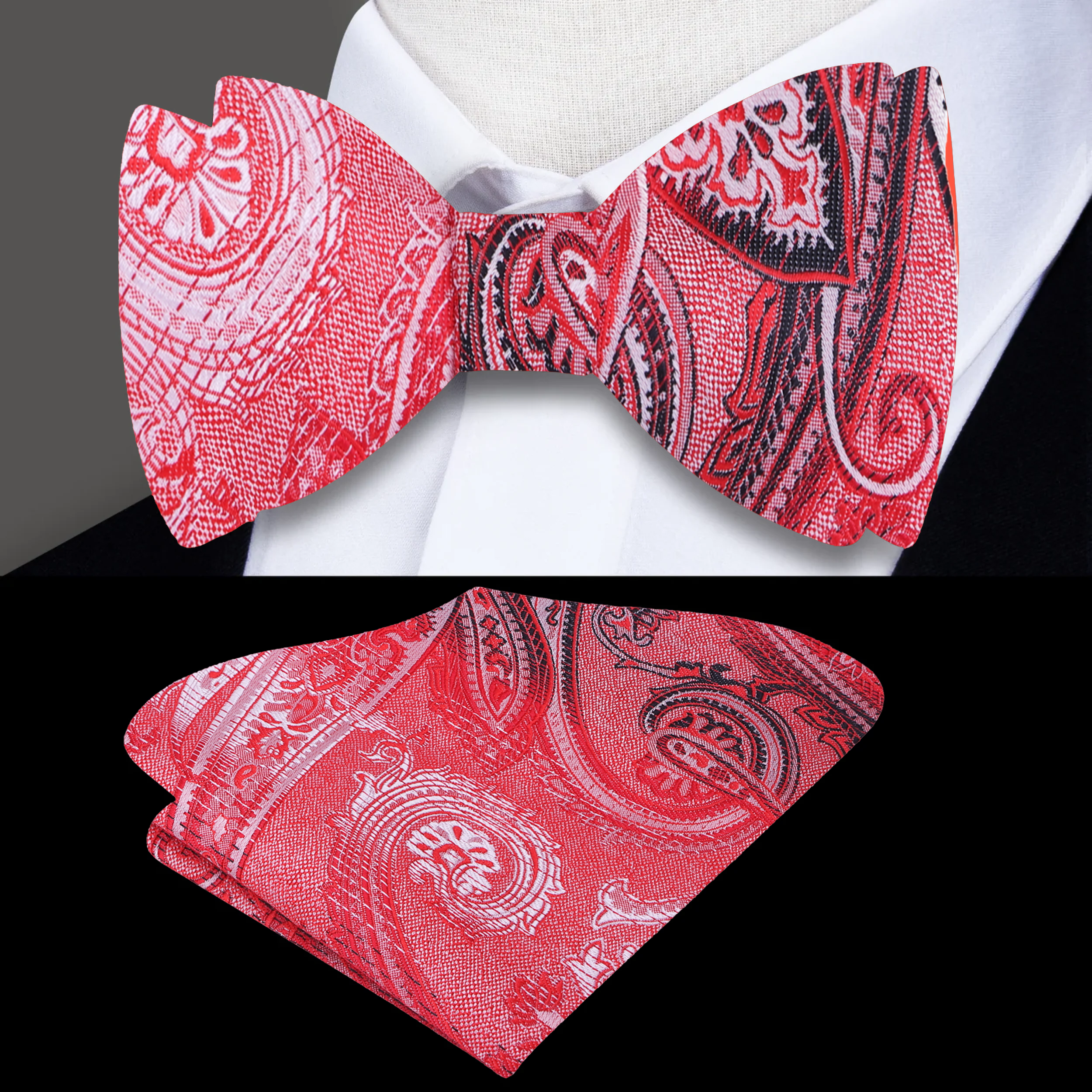 Elegant paisley self-tie bow tie in red on a formal suit.