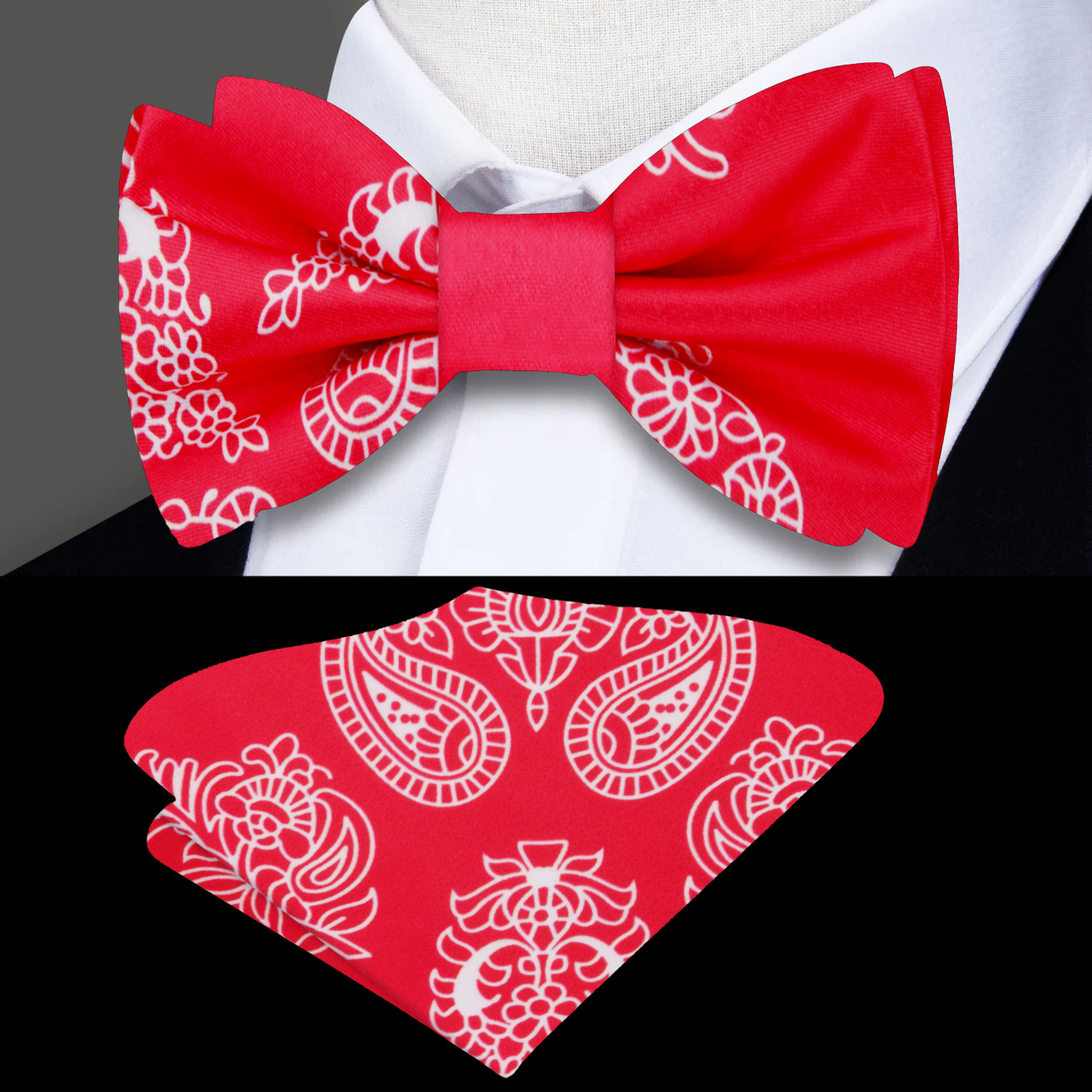 Close-up of detailed paisley pattern silk bow tie in red and white