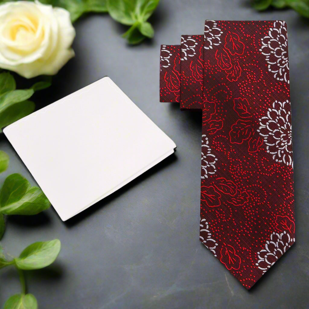 Elegant deep red necktie with Zinnia floral pattern, perfect for weddings.