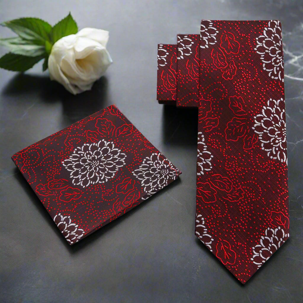 Elegant deep red necktie with Zinnia floral pattern, perfect for weddings.
