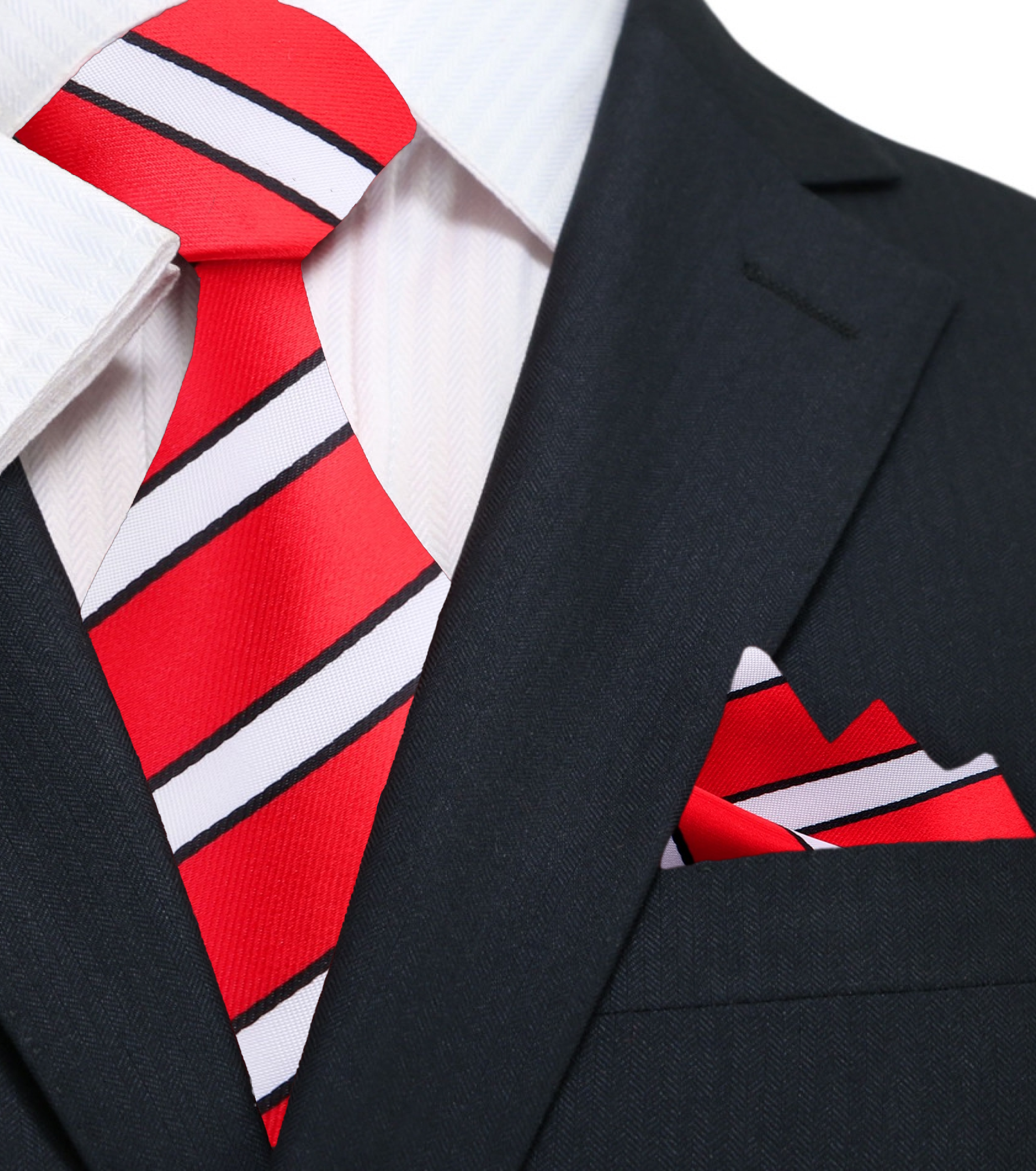 Man wearing the striped silk tie with a navy suit at a formal event