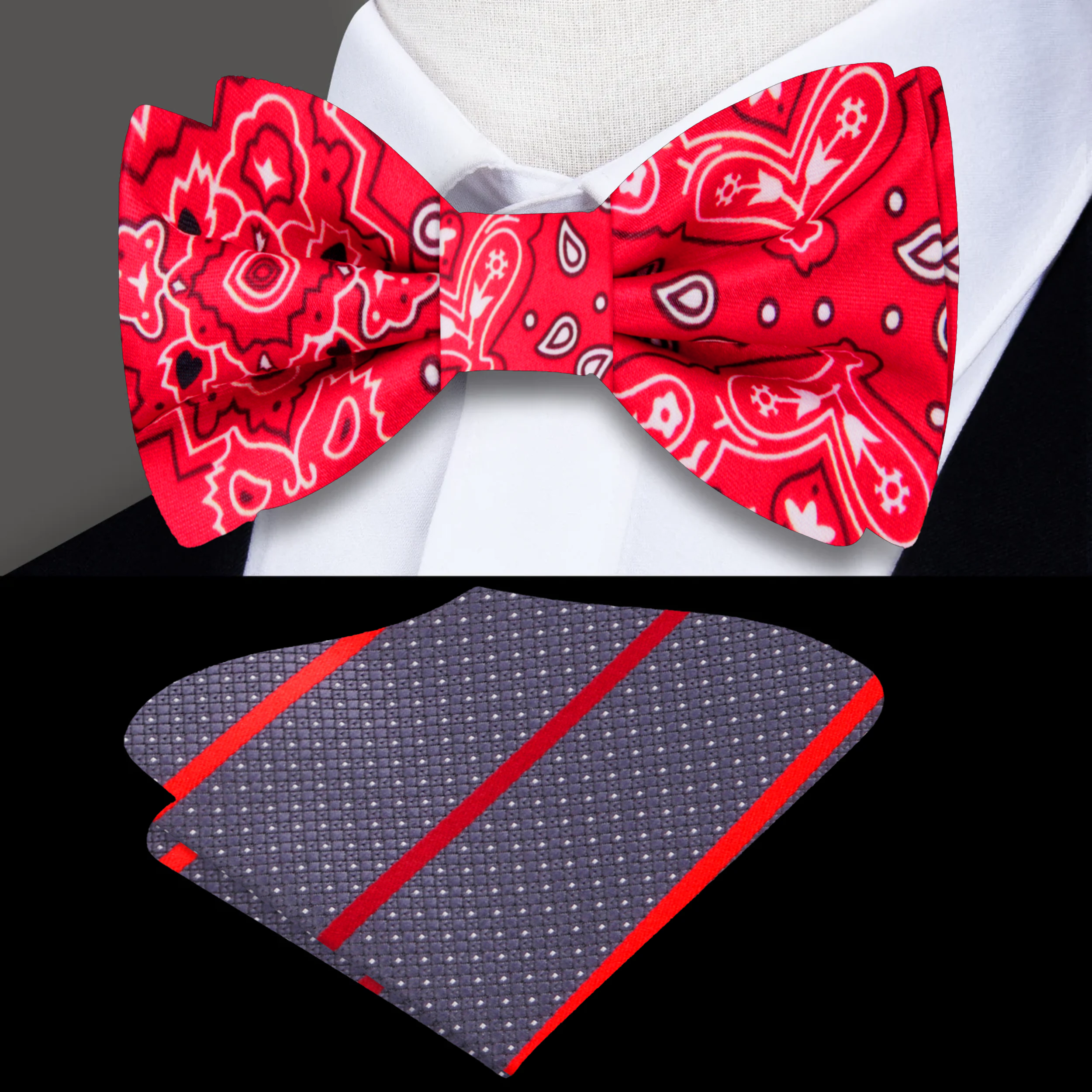 Close-up of red paisley bow tie with intricate pattern for weddings