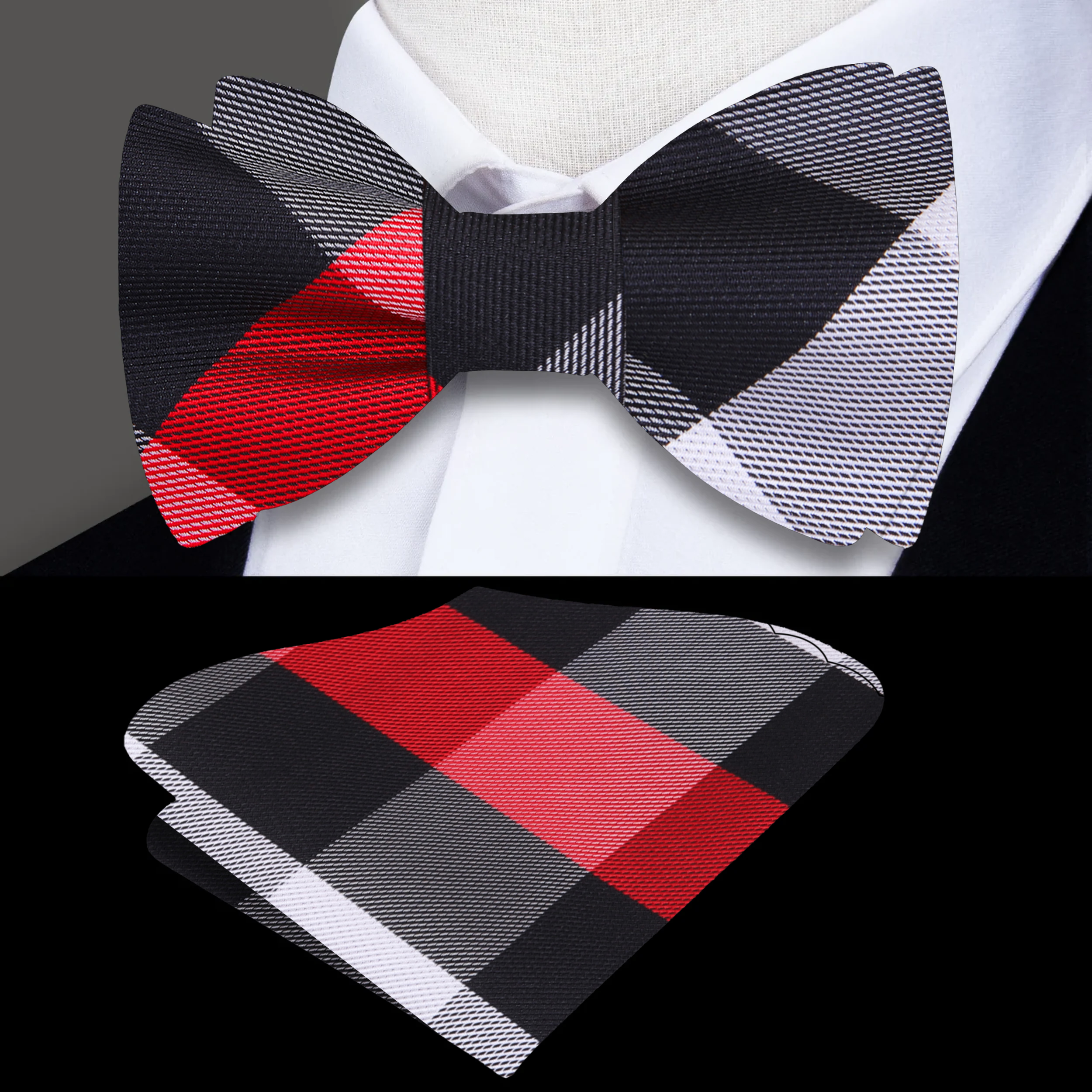Close-up of a stylish mens plaid bow tie with a self-tie knot, perfect for weddings
